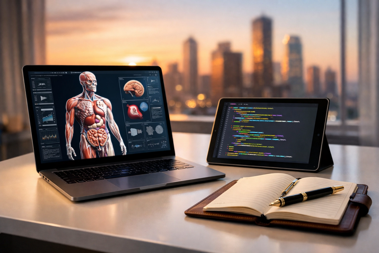 Modern workspace with tools for healthcare, tech, and business, showing the versatility of online degree careers.