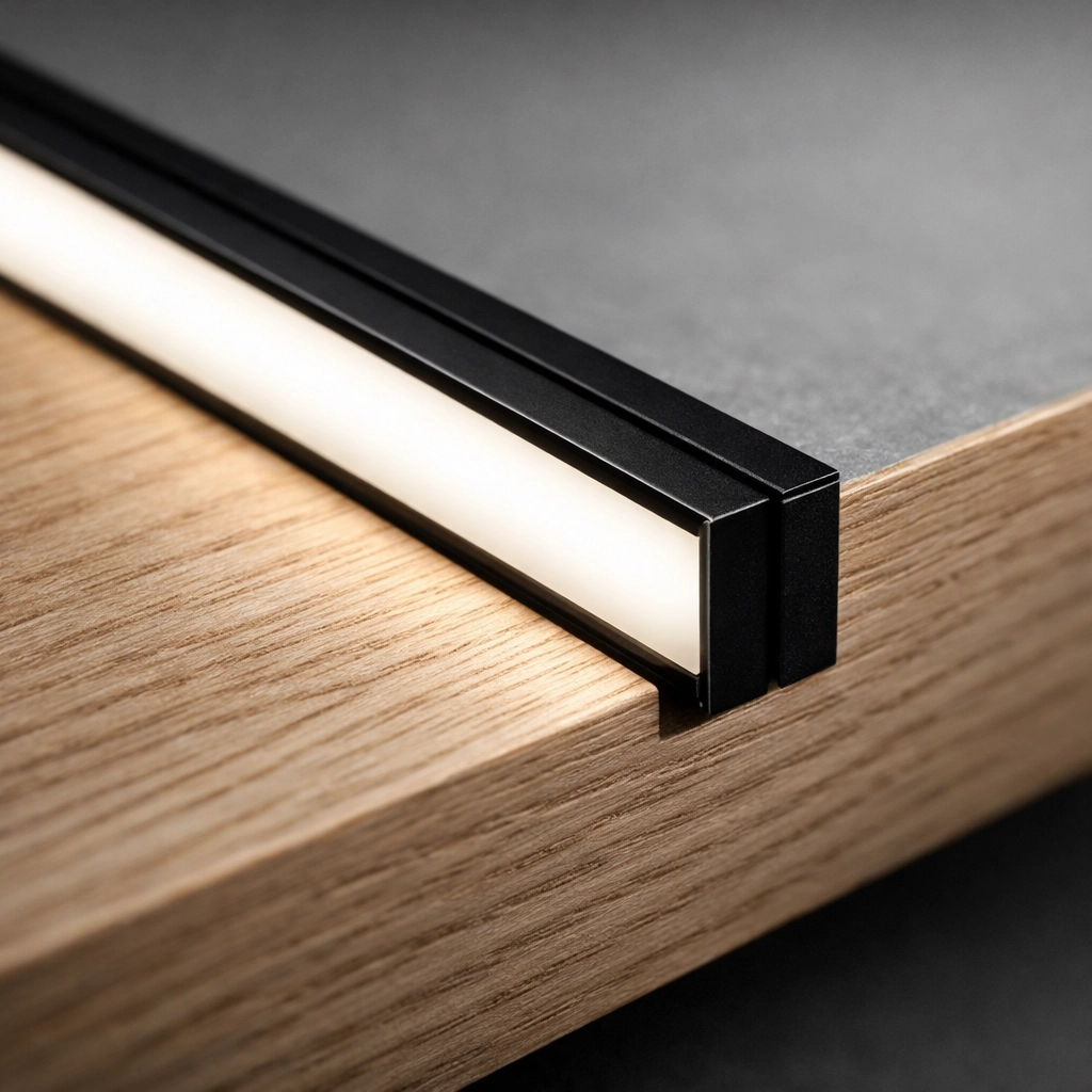 Recessed black aluminum LED profile with neutral white light in a light ash wood panel.