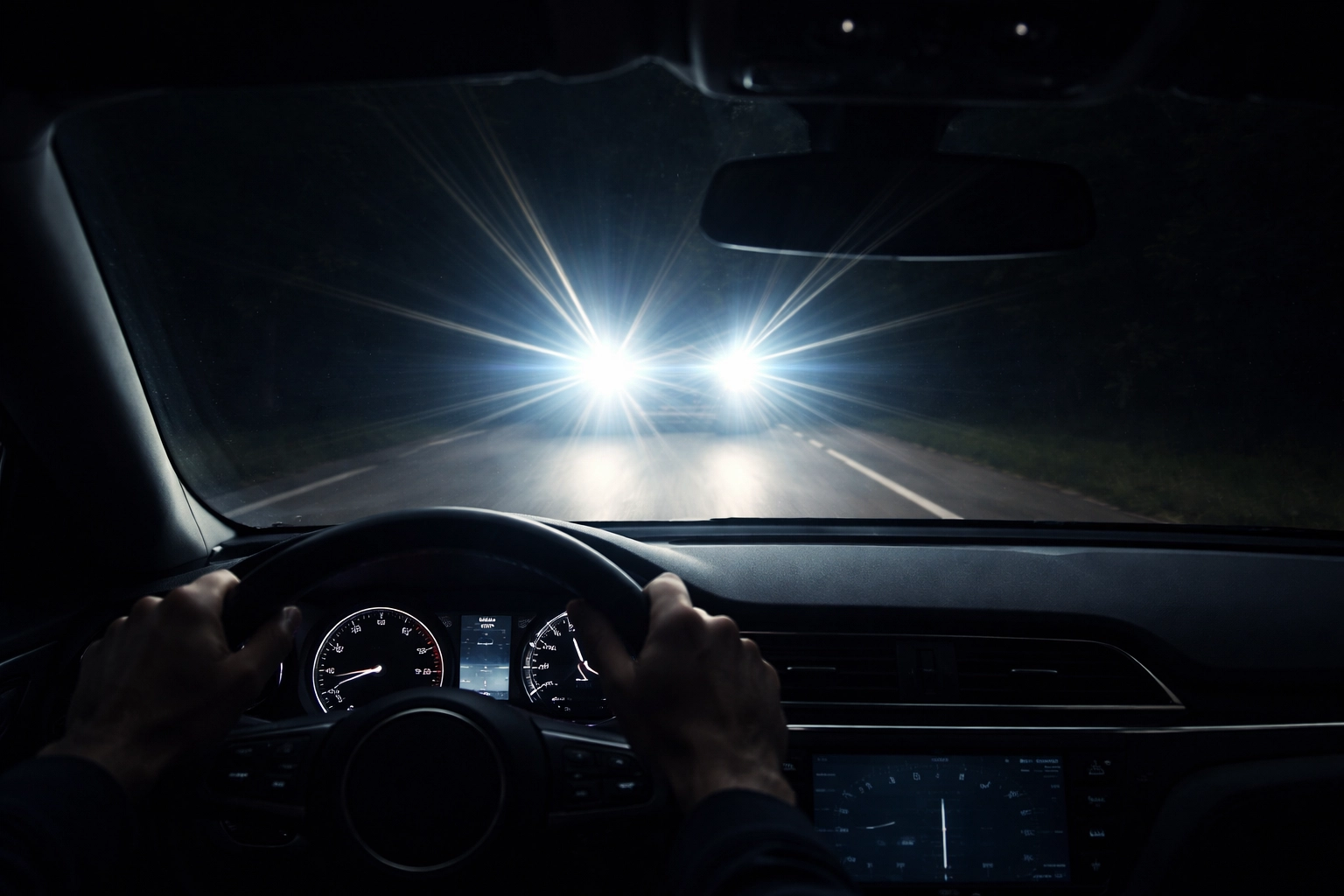 View from inside a car at night showing glare and halos from oncoming headlights, illustrating night driving vision challenges after surgery.