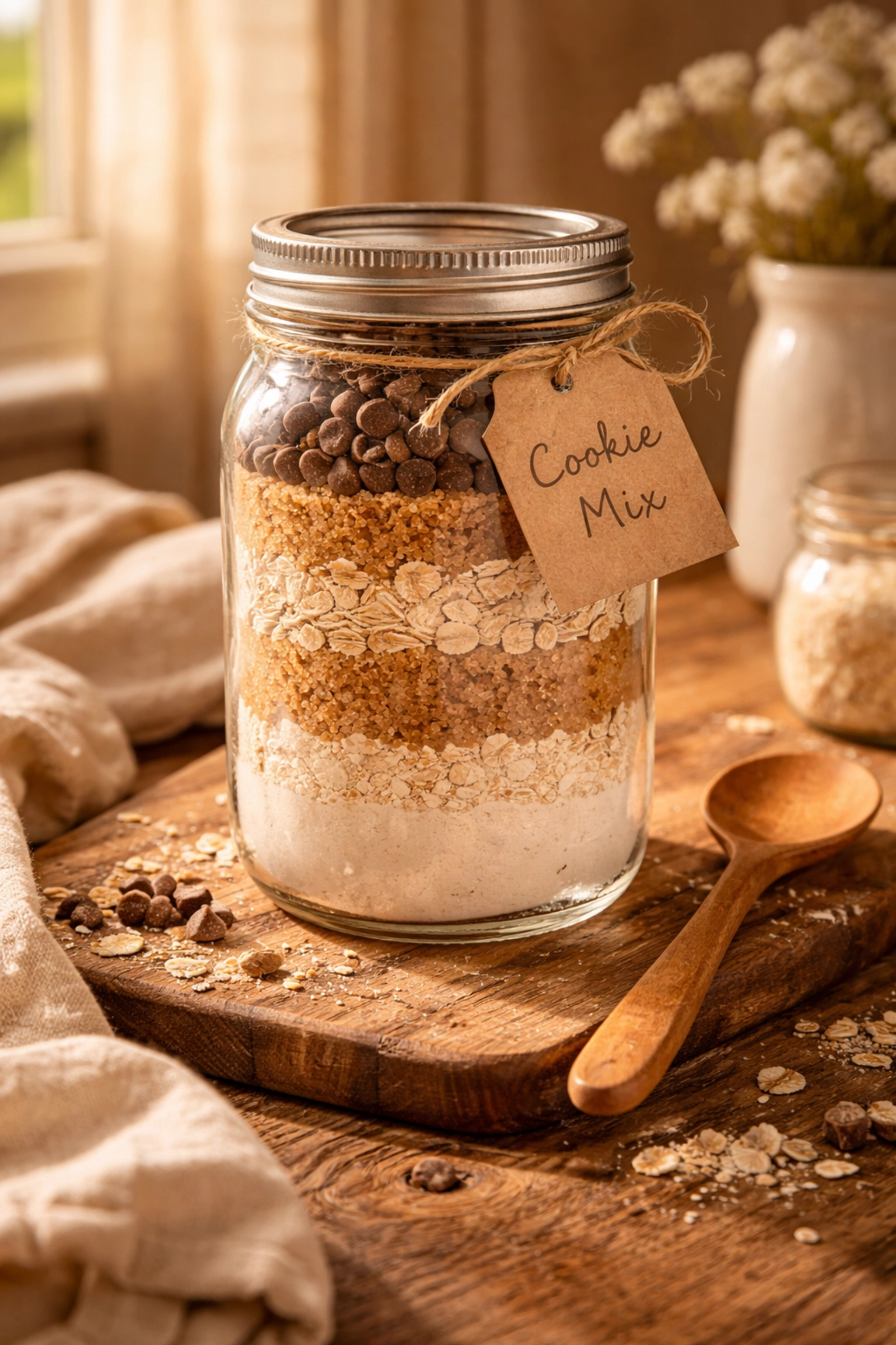 Cookie mix in a mason jar with layered ingredients, a thoughtful artisan housewarming gift for new homeowners.