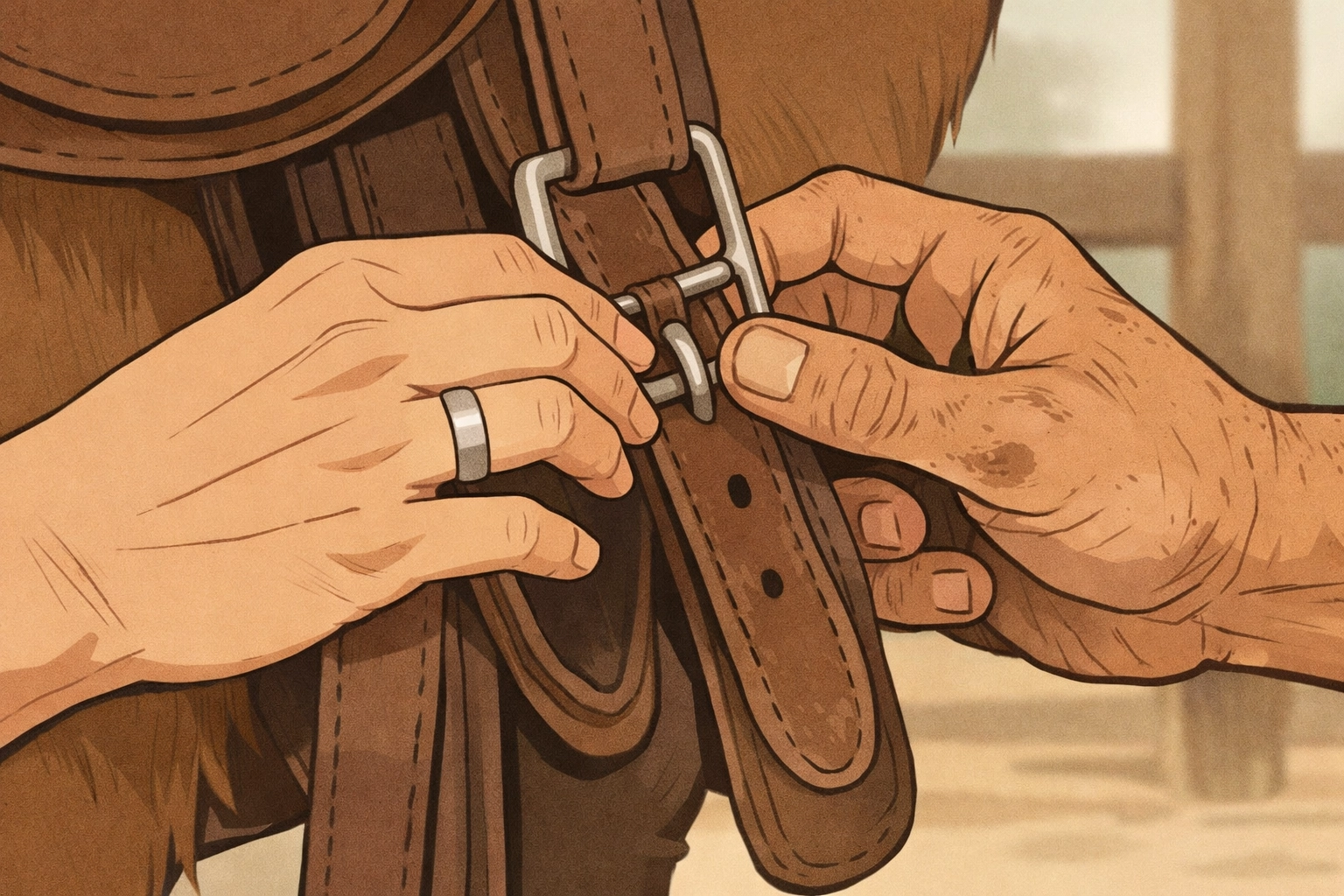 Ranch owner and cowboy hands nearly touching on leather saddle strap in 1890s Arizona