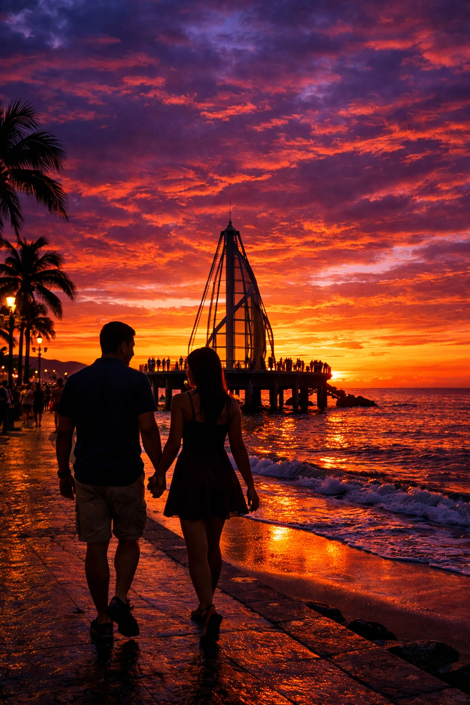 Couple enjoying a sunset stroll on the Puerto Vallarta Malecón during a romantic getaway.