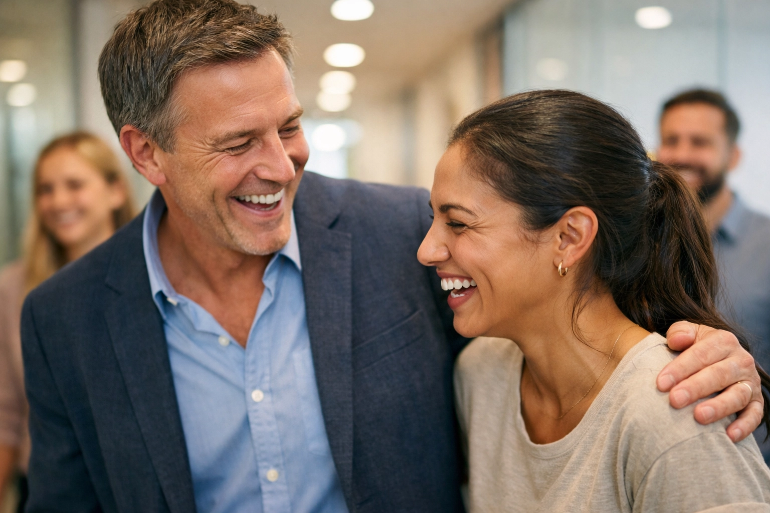 A supportive leader and employee laughing in a hallway to build positive team culture and authentic connection.