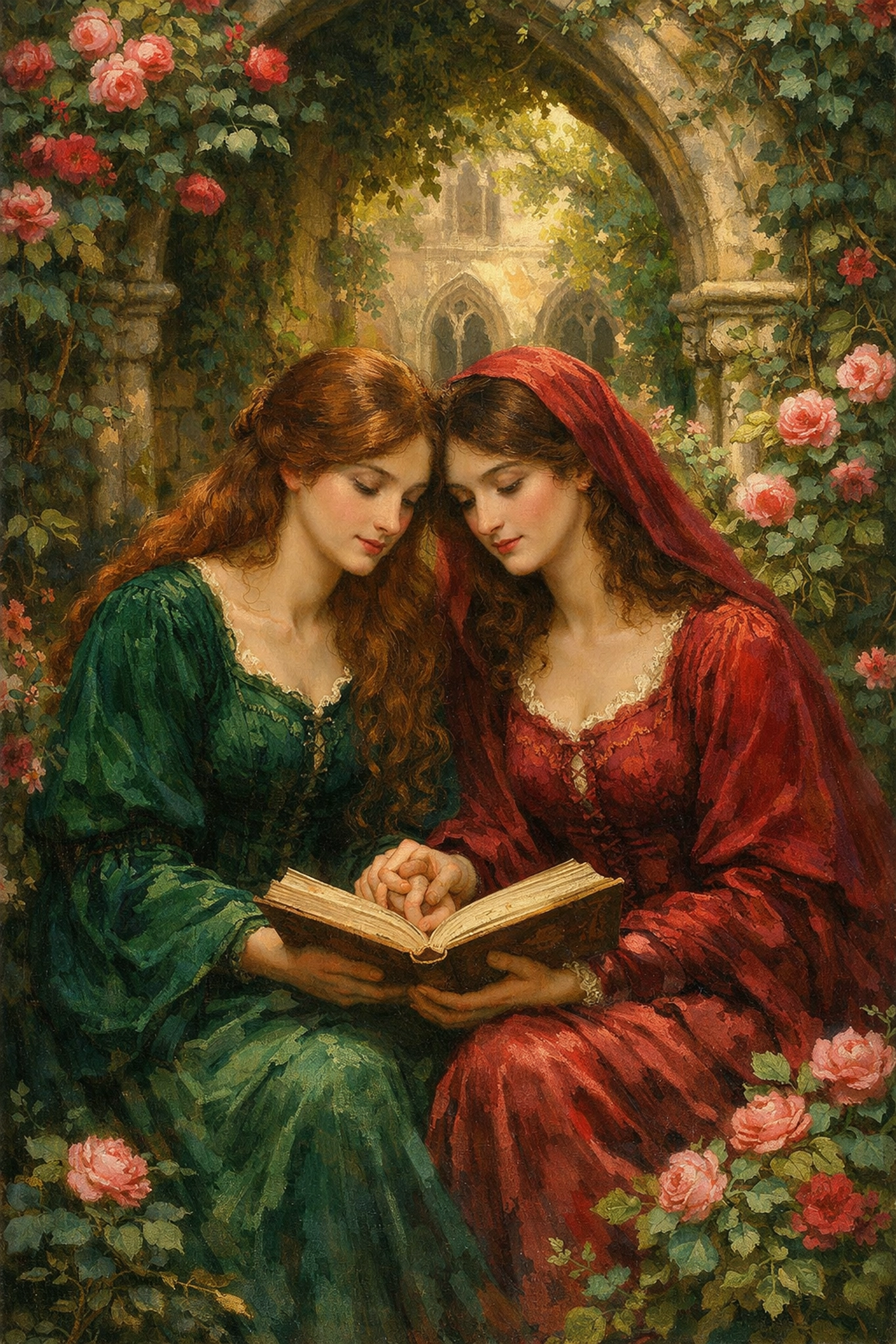 Victorian women in convent garden reading together, depicting sapphic romantic friendship and devotion