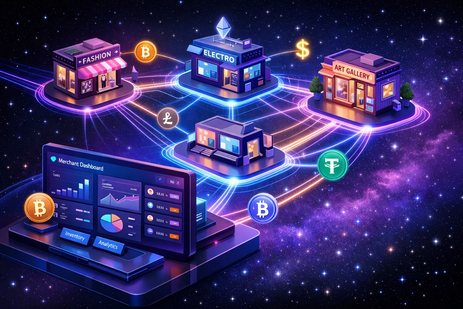Larecoin merchant dashboard managing multiple virtual storefronts with crypto payment network connections