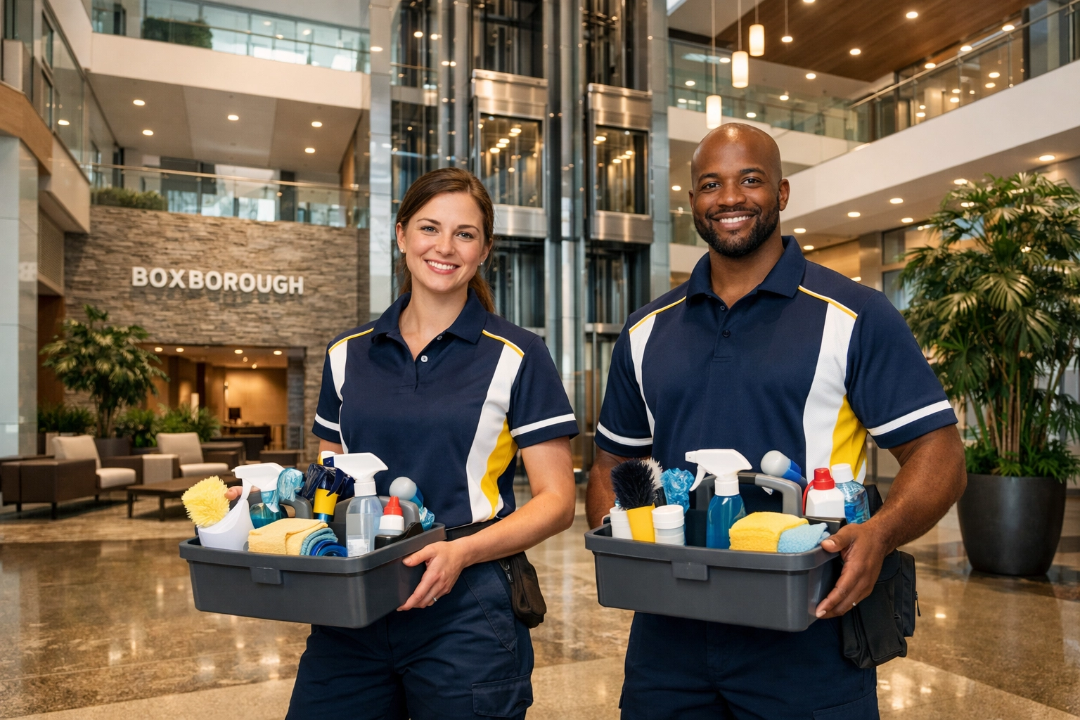 Professional cleaning team in uniform with supplies standing in an office lobby for commercial cleaning Boxborough.