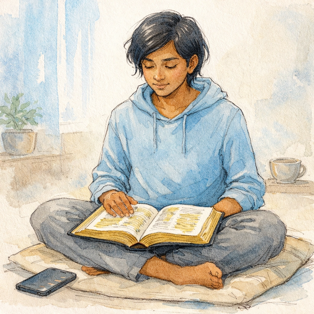 Person reading Bible with phone set aside, prioritizing scripture and quiet time with God