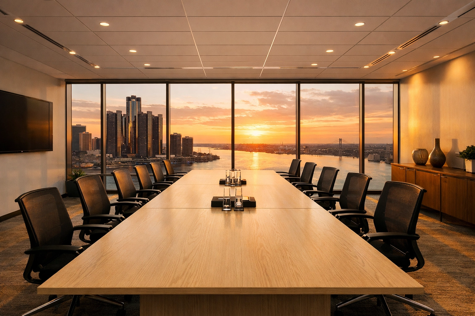 Pristine Detroit executive conference room overlooking the Detroit River at sunset.