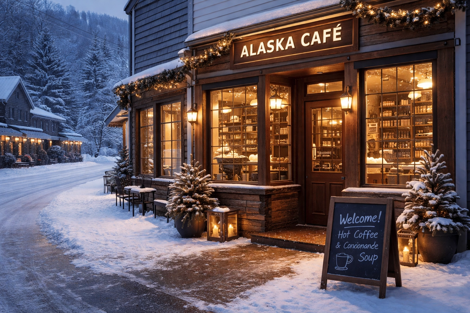 Cozy Alaska storefront on a snowy street, representing small business protection in winter