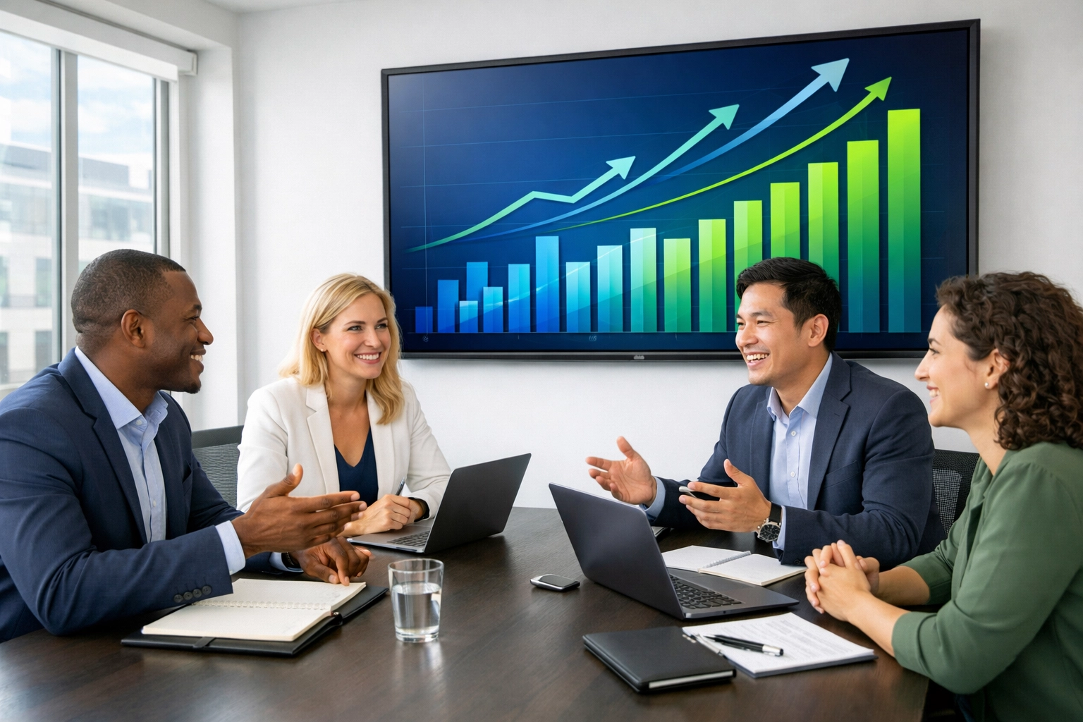 Business leaders reviewing AI agent performance results and ROI metrics from ServiceNow implementation