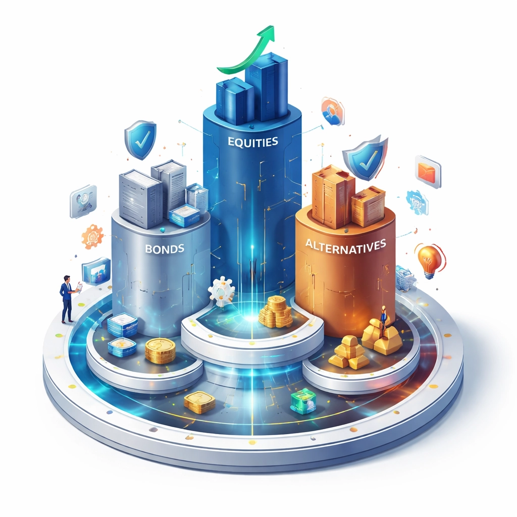 Interconnected blue, silver, and copper towers representing balanced equities, bonds, and alternatives portfolio strategy.