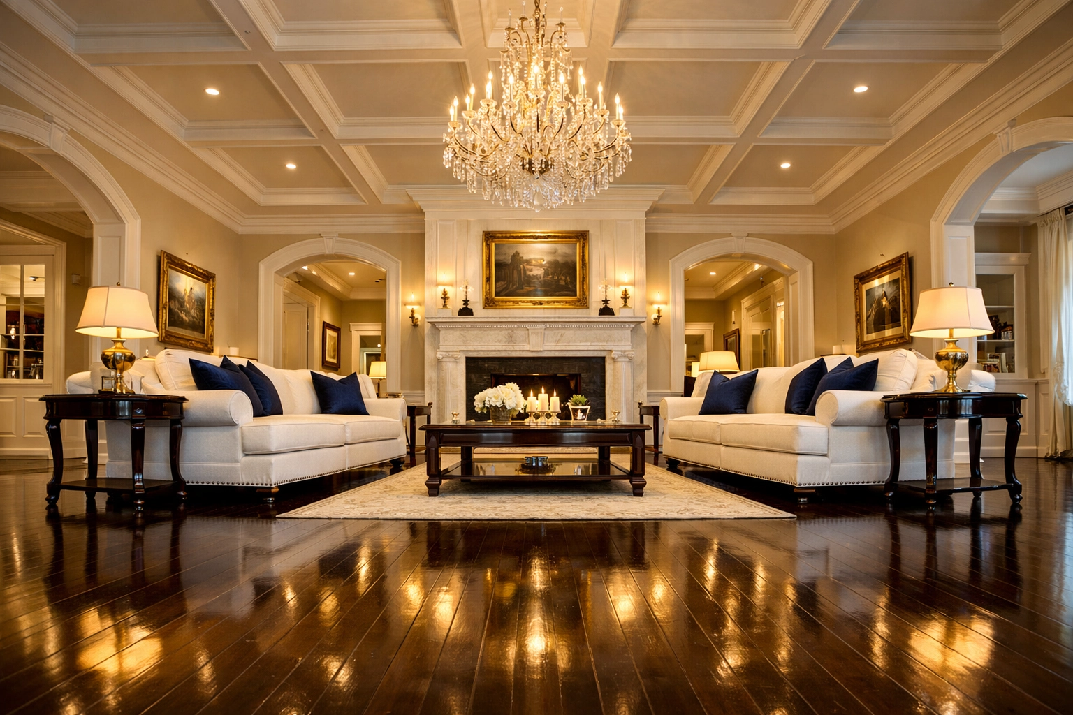Spotless grand living room showcasing high-end residential cleaning Massachusetts for luxury estates.
