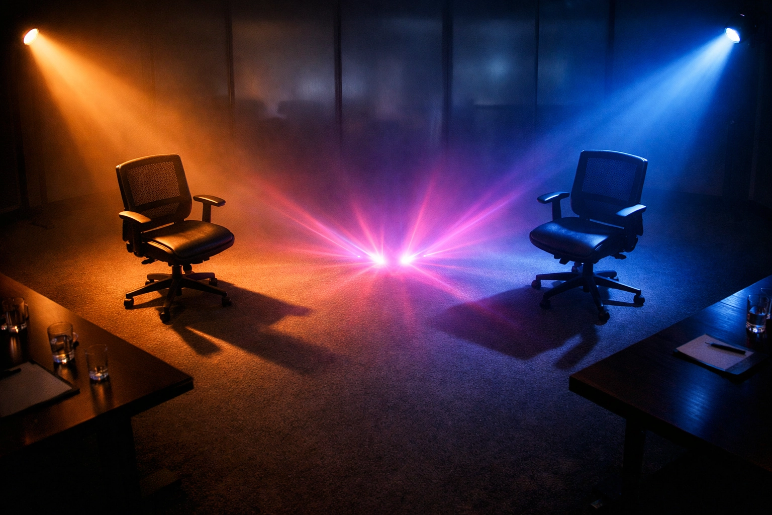 Two empty office chairs separated in conference room showing workplace relationship tension