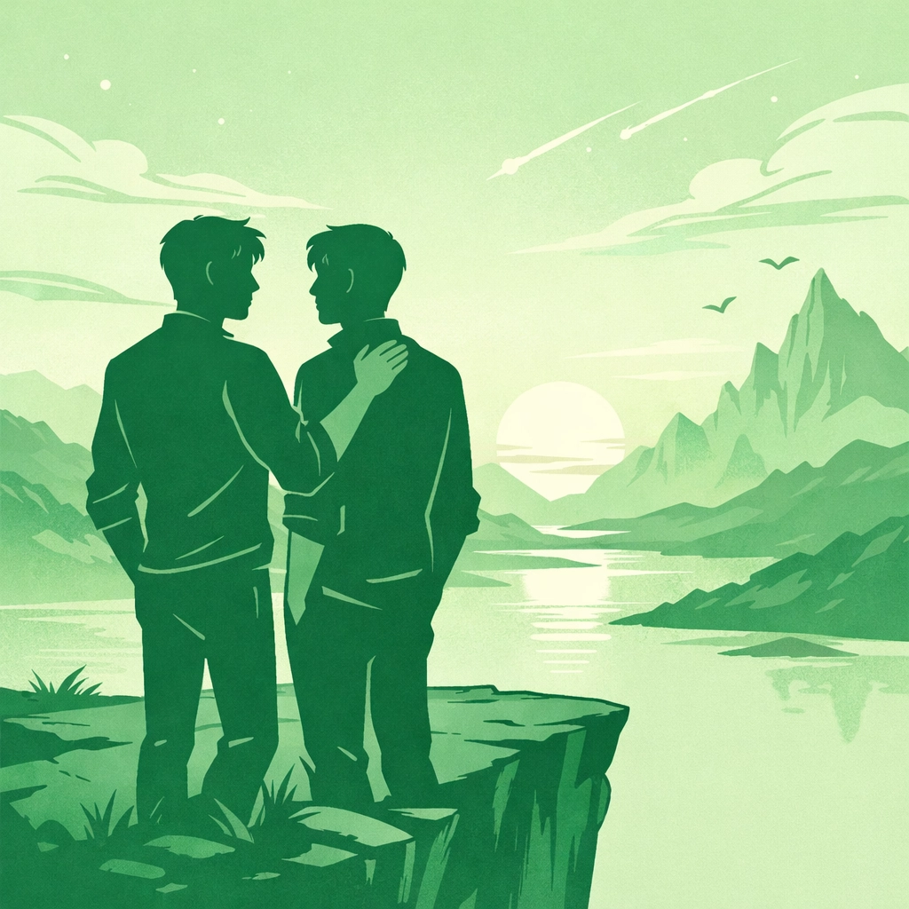 Male couple overlooking fantasy landscape at sunset - LGBTQ+ romance connection