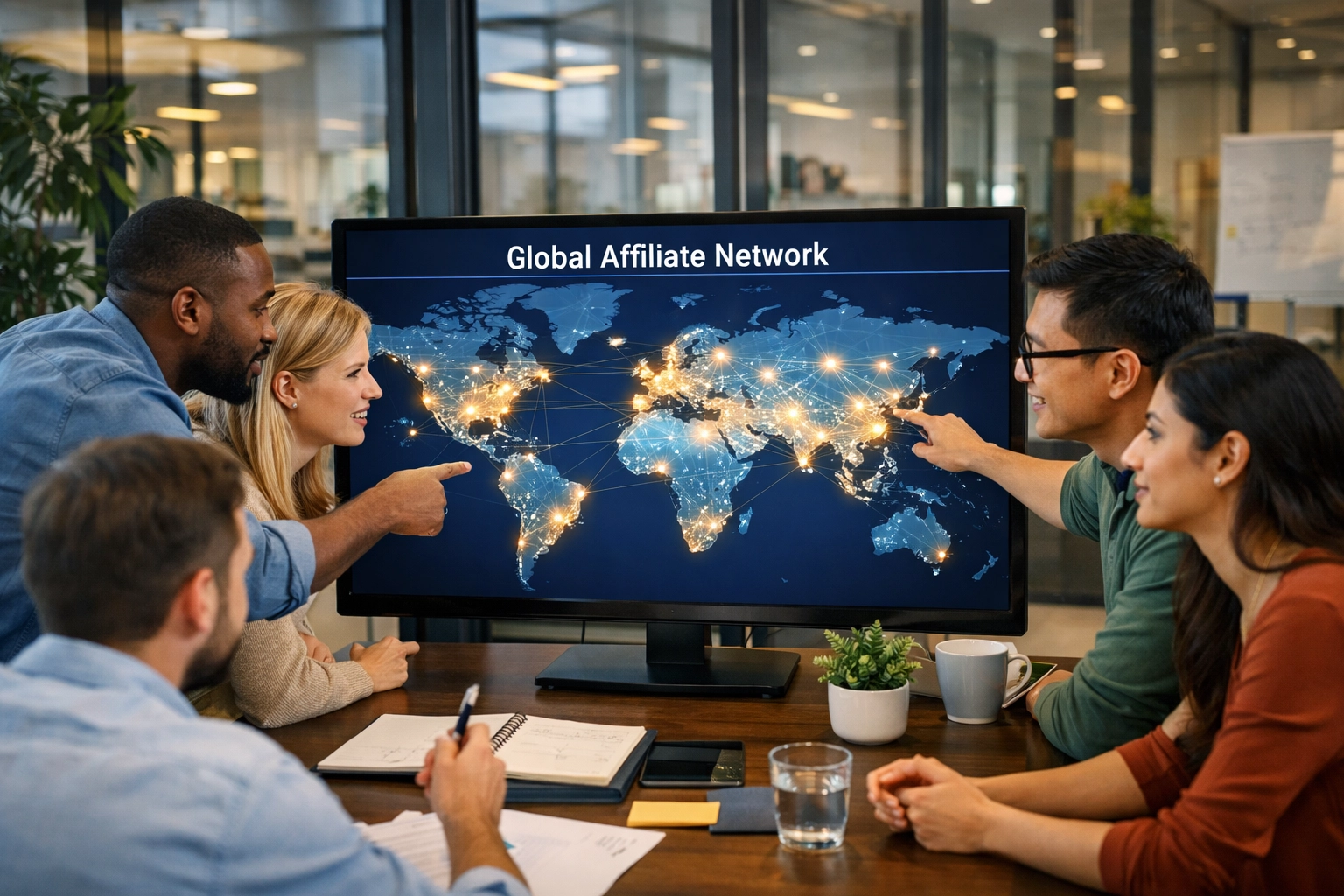 Marketing team analyzing global sports betting affiliate network expansion on world map display