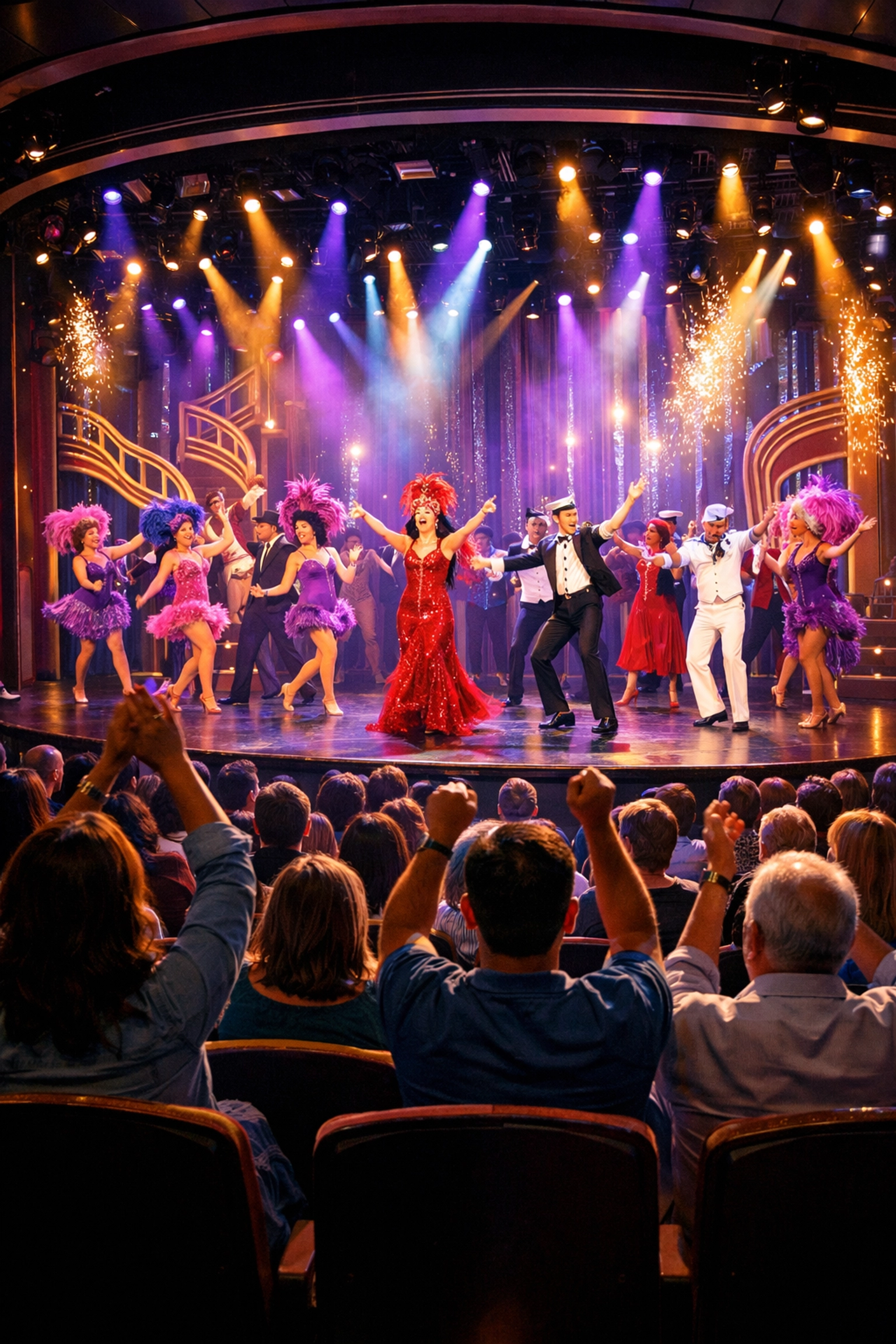 Cruise ship theater with Broadway-style show and enthusiastic audience enjoying live entertainment