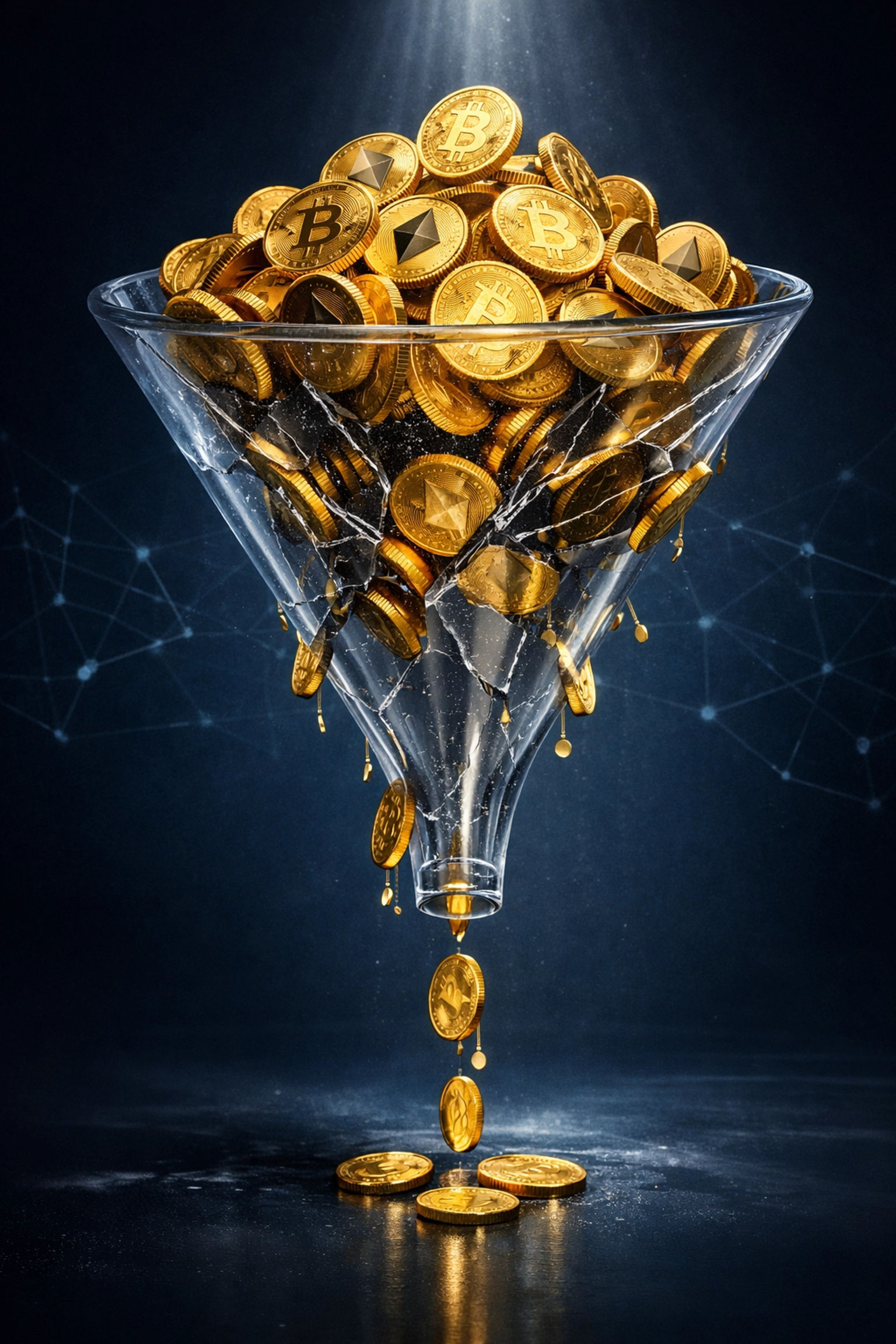 Cryptocurrency coins leaking through cracked funnel illustrating network fees and payment processor losses