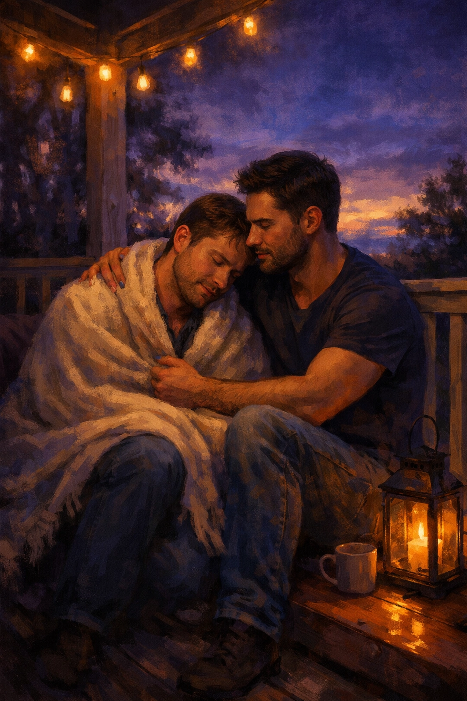 MM romance evening scene: two men share intimate moment during recovery, gay love blossoming