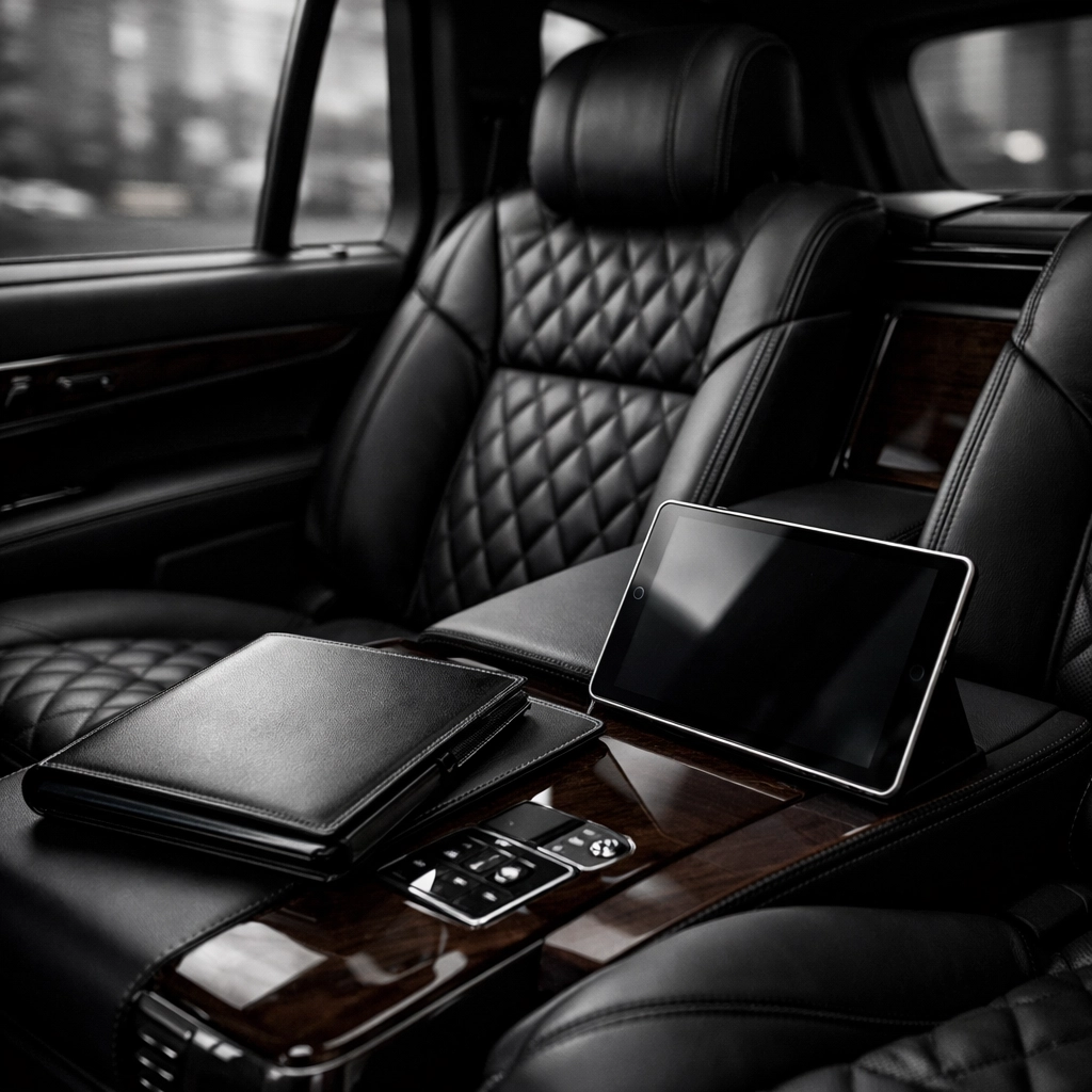 Private mobile office inside a Costa Mesa car service luxury SUV with premium leather and wood trim.