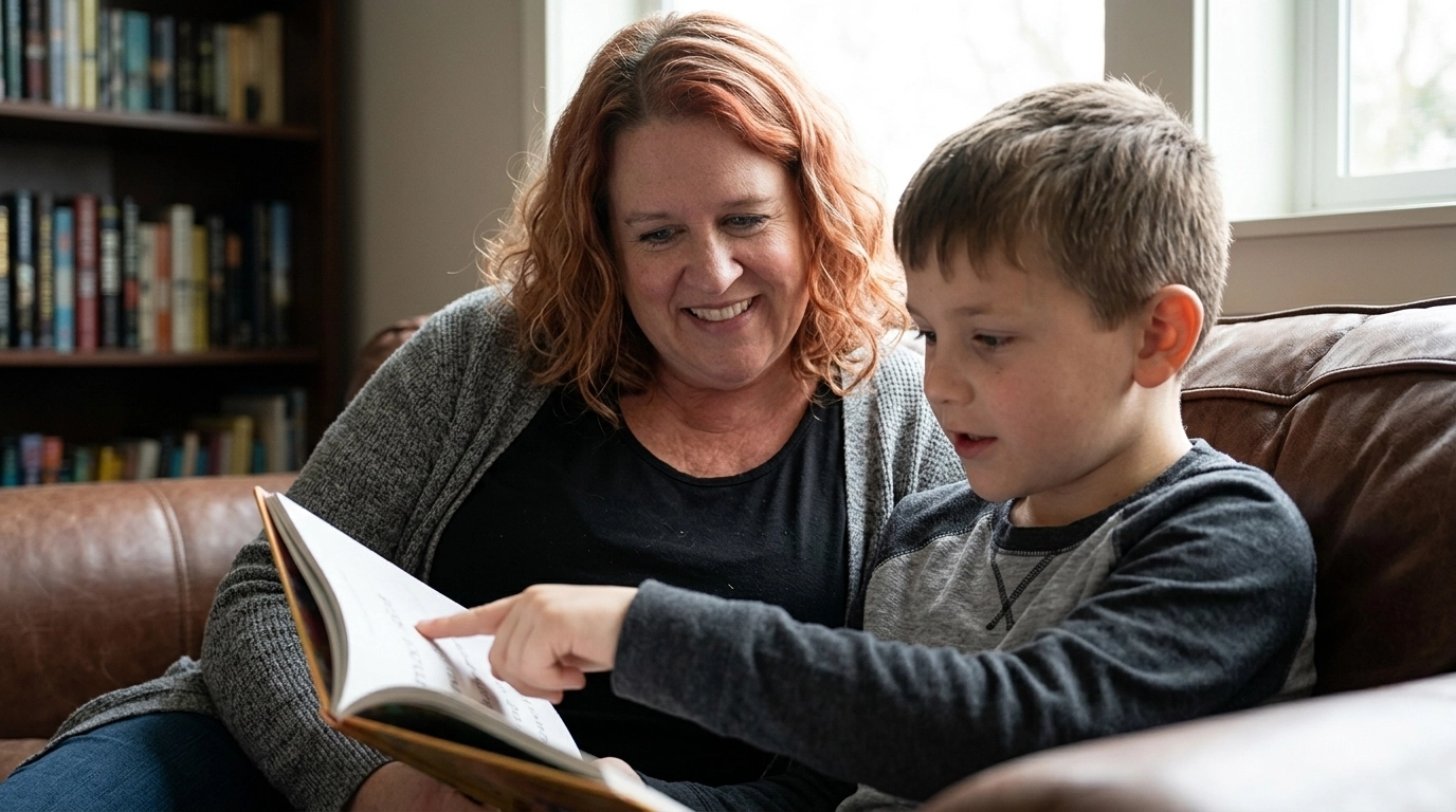 A mother and son reading together in a warm, natural-light setting in Gresham, symbolizing the relief and joy of finding the right reading support.