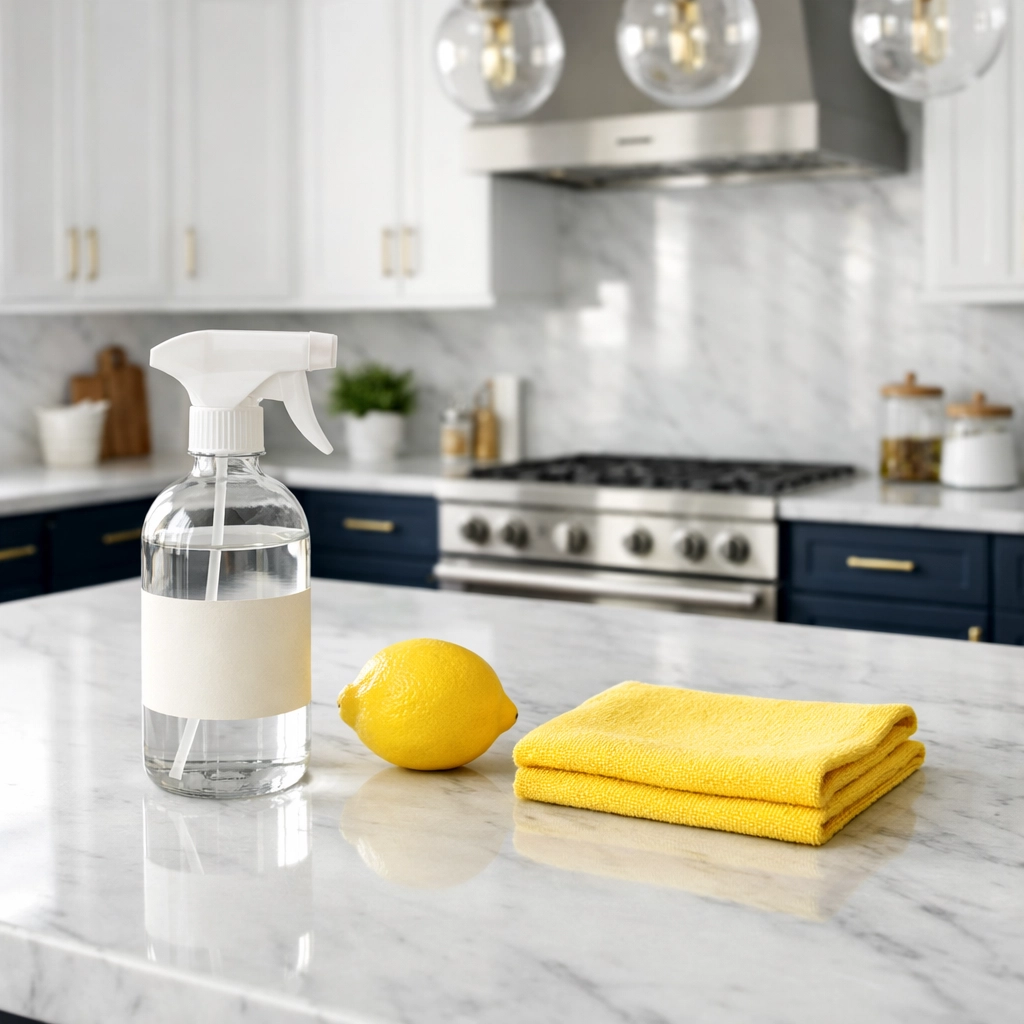 Eco-friendly residential cleaning in Sharon featuring green products and a spotless white marble kitchen.