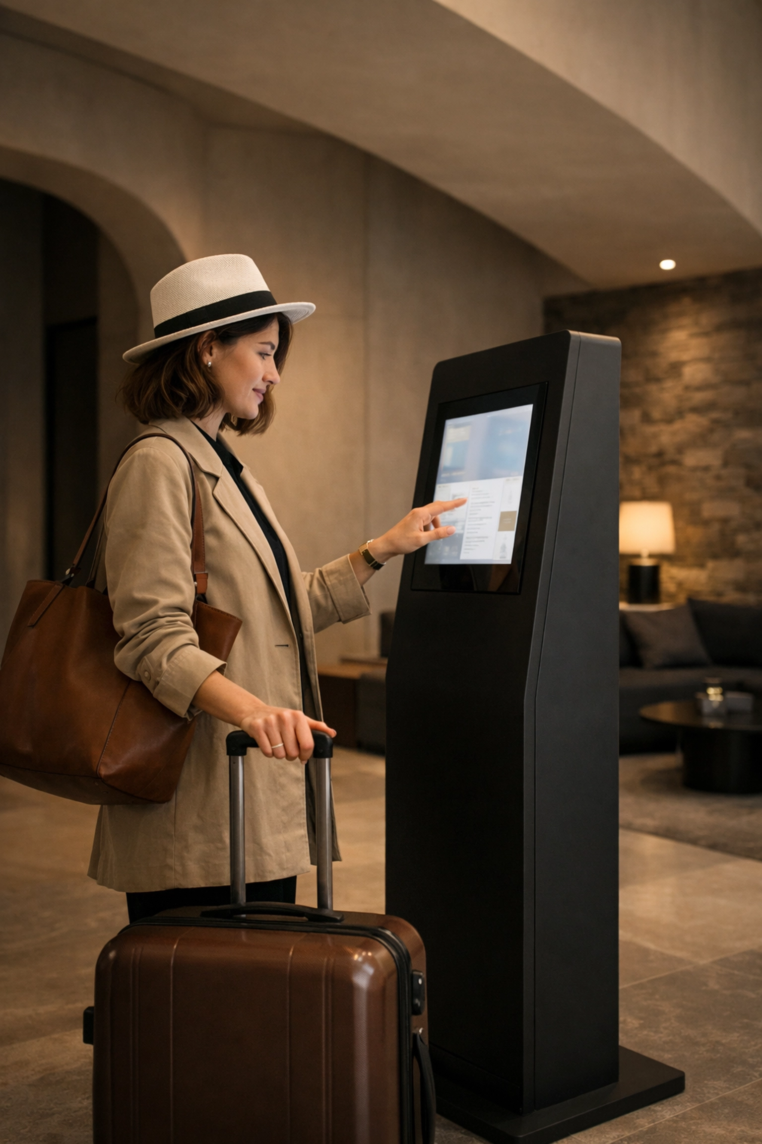 Traveler using a sleek self-check-in kiosk for a faster arrival in a hotel lobby.