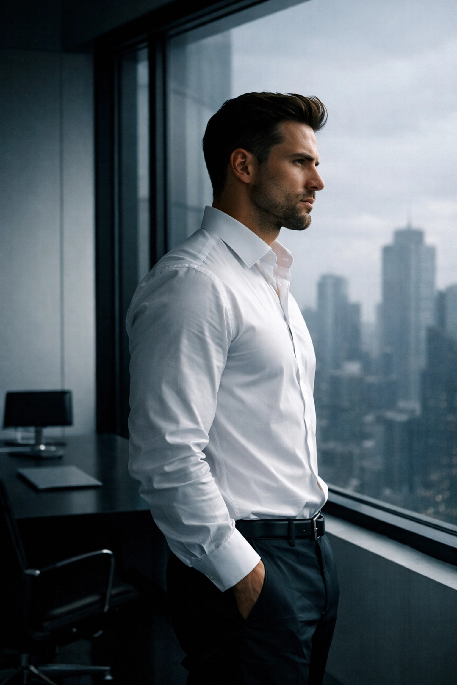 A pensive man in a white shirt in a modern office, representing the straight-laced MM romance trope.