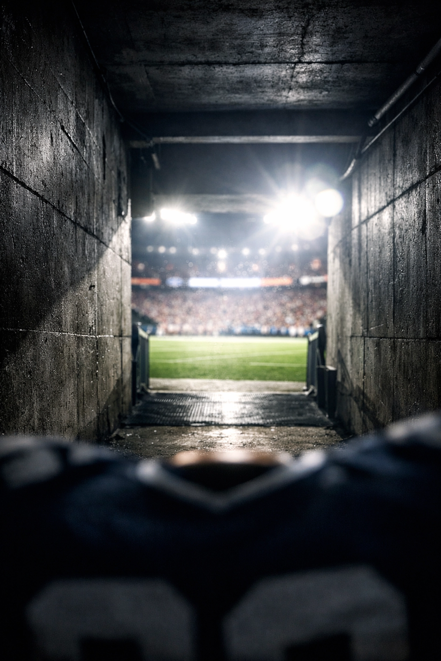 An athlete's perspective from a stadium tunnel preparing for the 2026 Super Bowl kickoff.