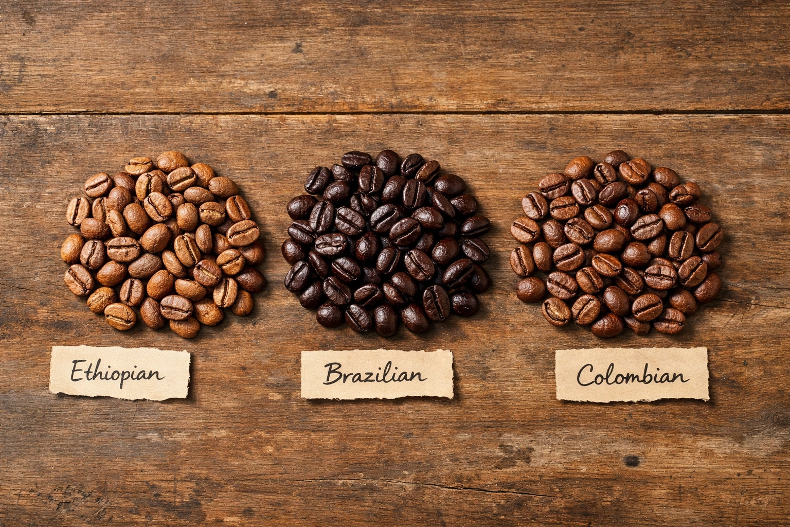 Ethiopian, Brazilian, and Colombian coffee beans showcasing different origin roasts