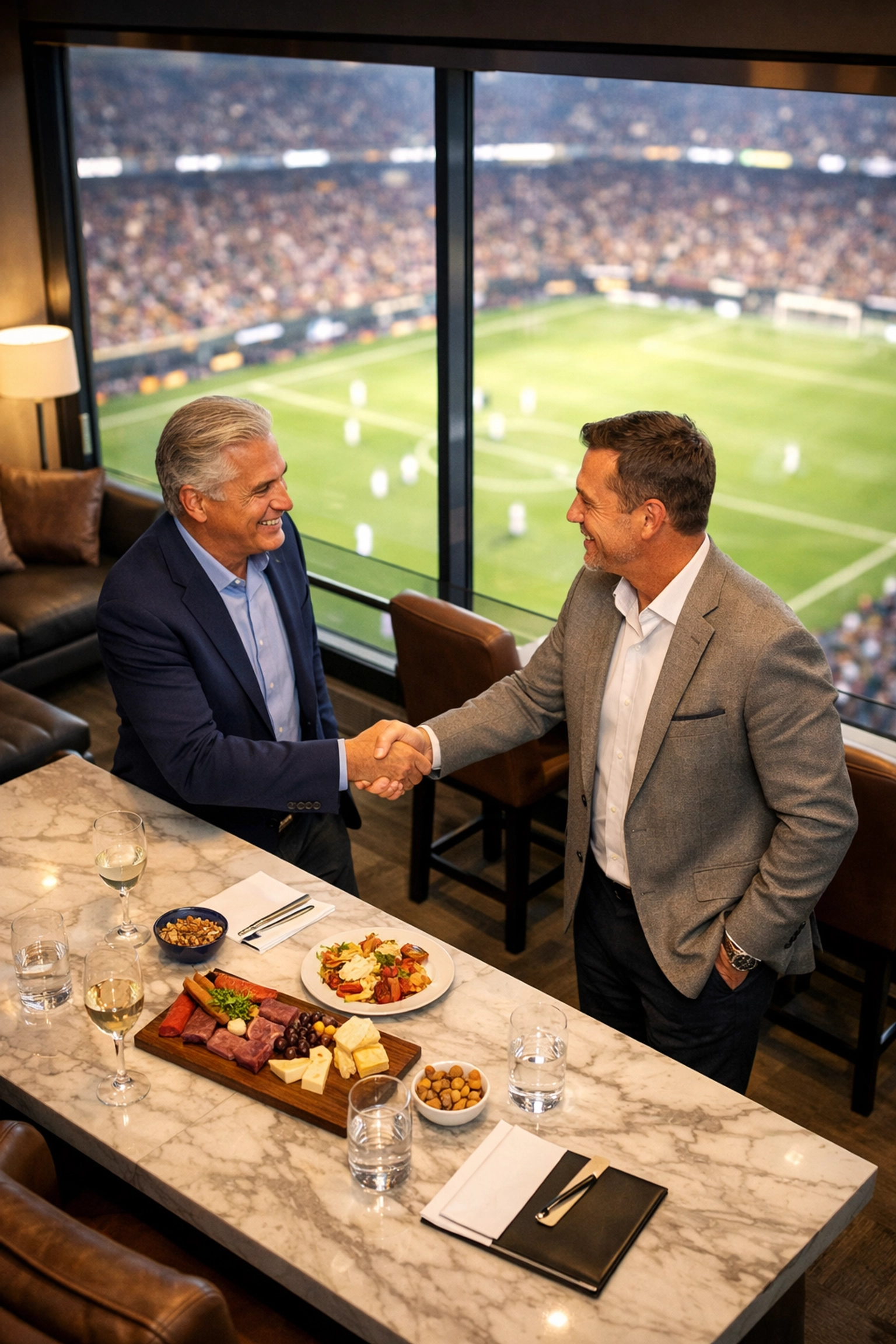 Executives shaking hands in a luxury Super Bowl corporate suite during a high-stakes networking event.
