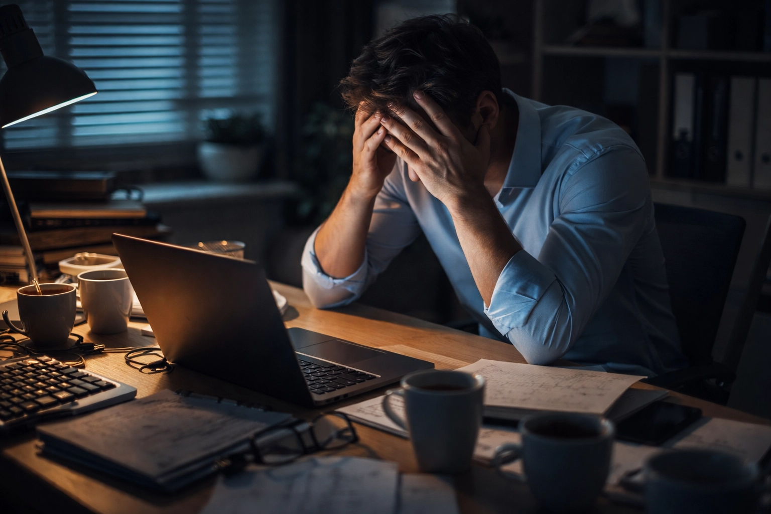 Exhausted founder at a cluttered desk at night, highlighting the need for a founder support system and mental wellbeing