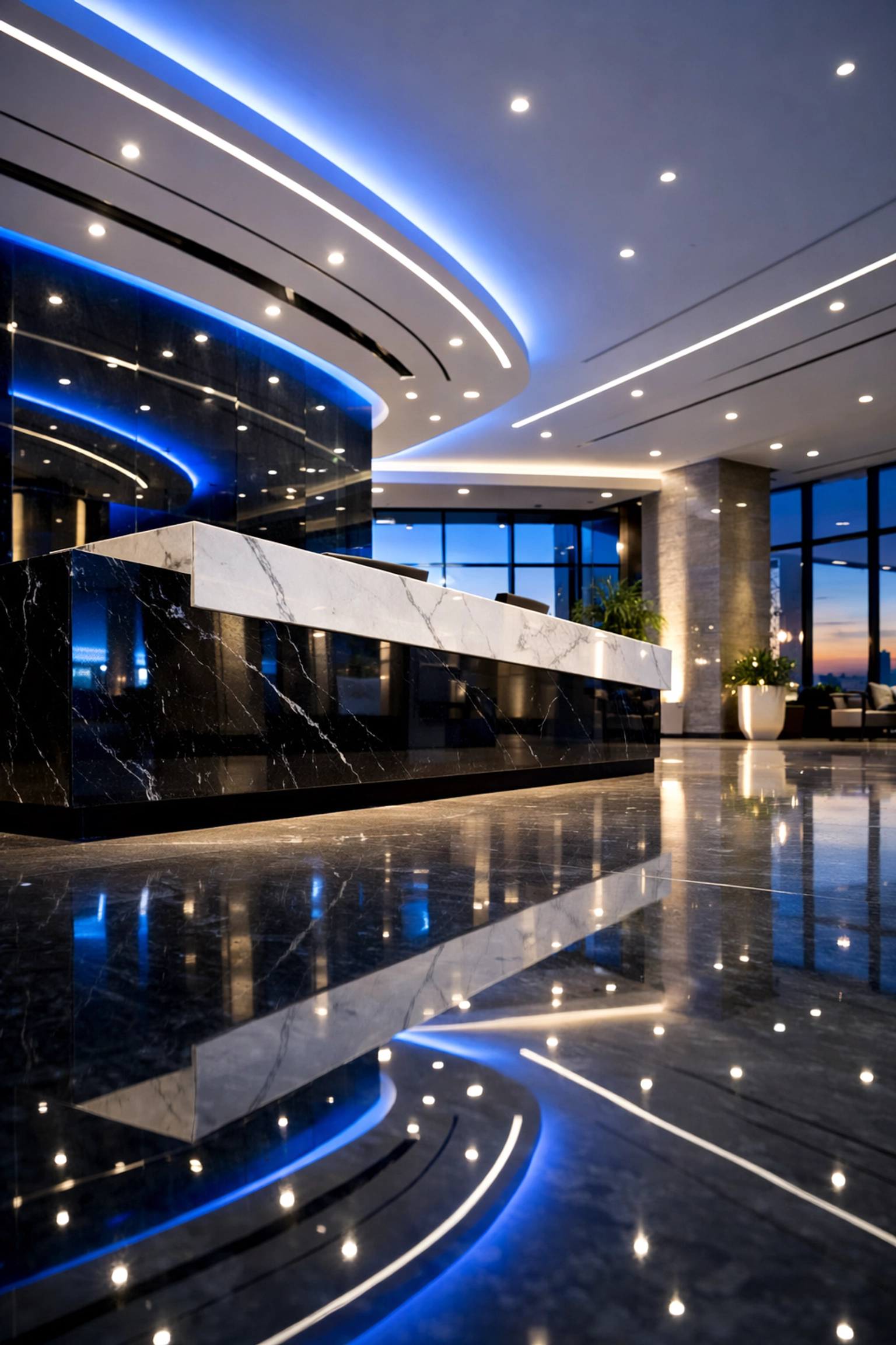 Pristine corporate lobby in Milton with polished marble surfaces reflecting professional cleaning.