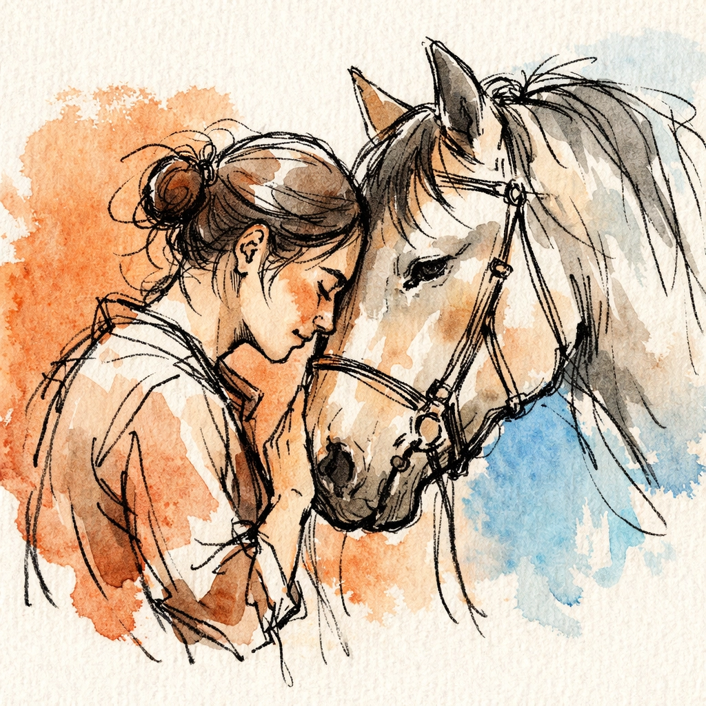 Hand-drawn sketch of a person connecting with a horse during equine-assisted depression therapy.