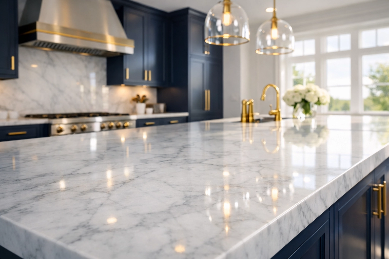 Eco-friendly residential cleaning Massachusetts on a pristine Carrara marble kitchen island in a Dover estate.