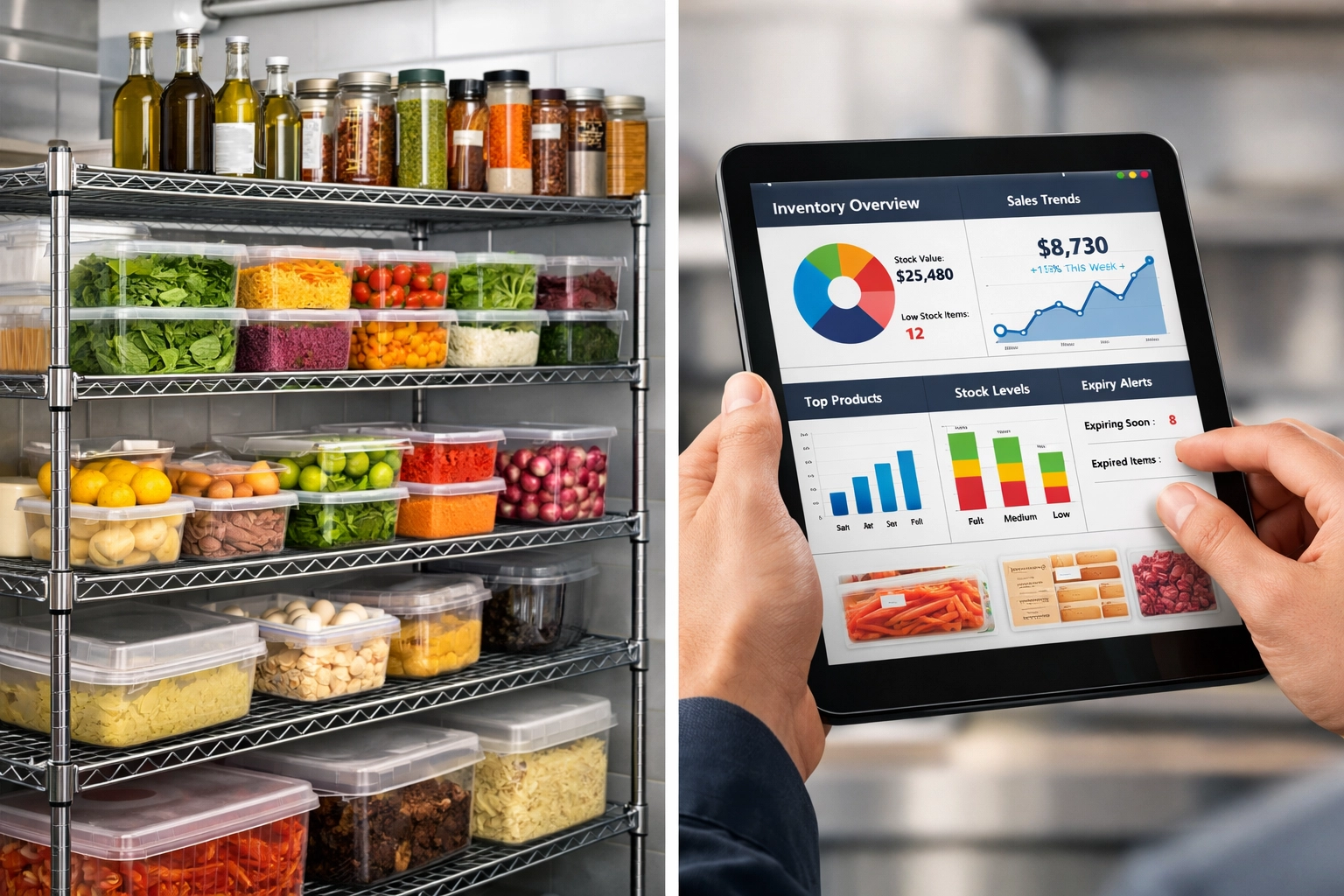 Restaurant inventory tracking with digital analytics dashboard for cost control
