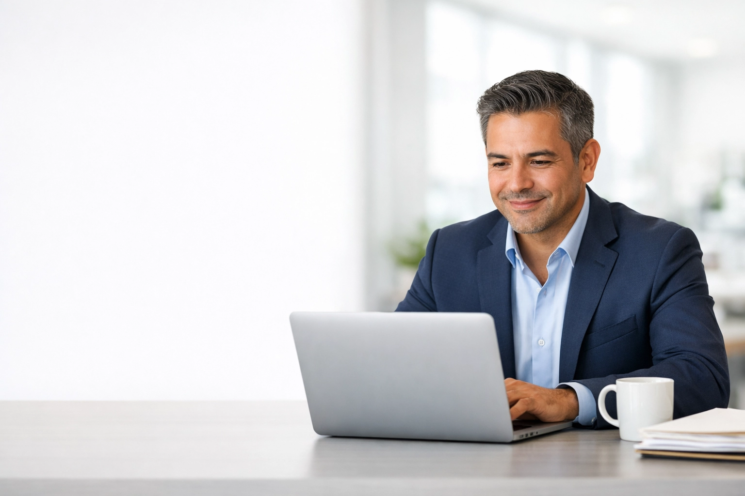 A professional nonprofit leader confidently reviewing financial strategies and cash flow in a bright office.
