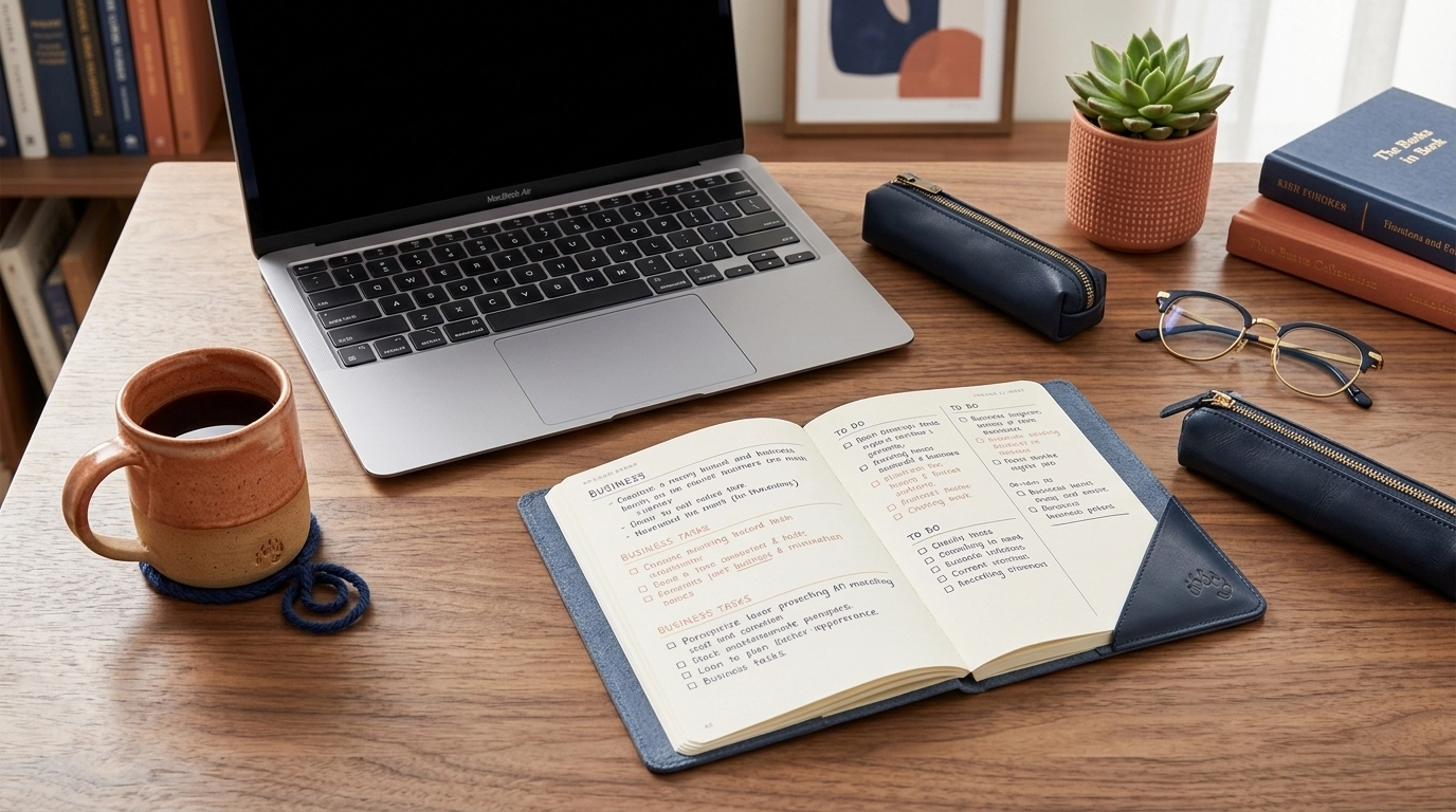 A professional and cozy home office desk overhead view with a laptop, coffee mug, and planner, featuring navy and terracotta accents.