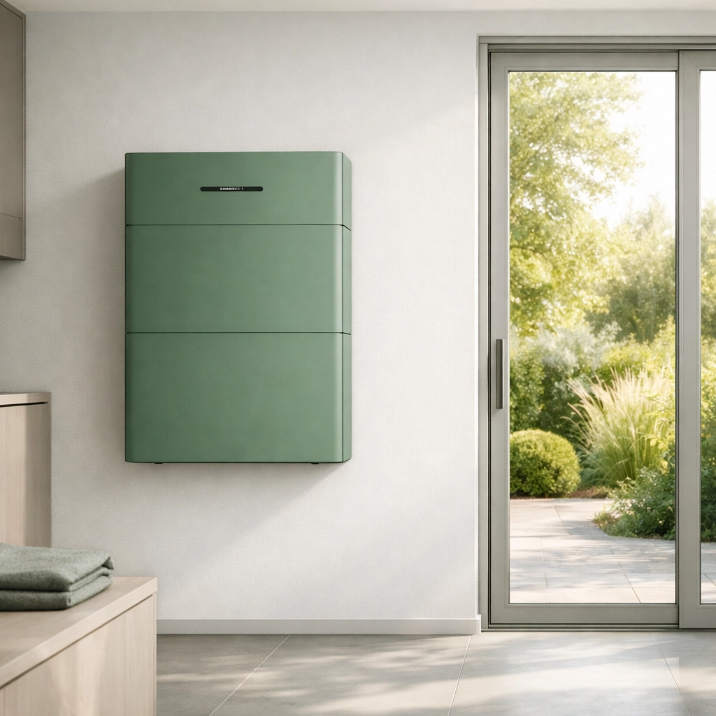 Sleek solar battery storage unit installed in a bright modern home for reliable renewable energy use.