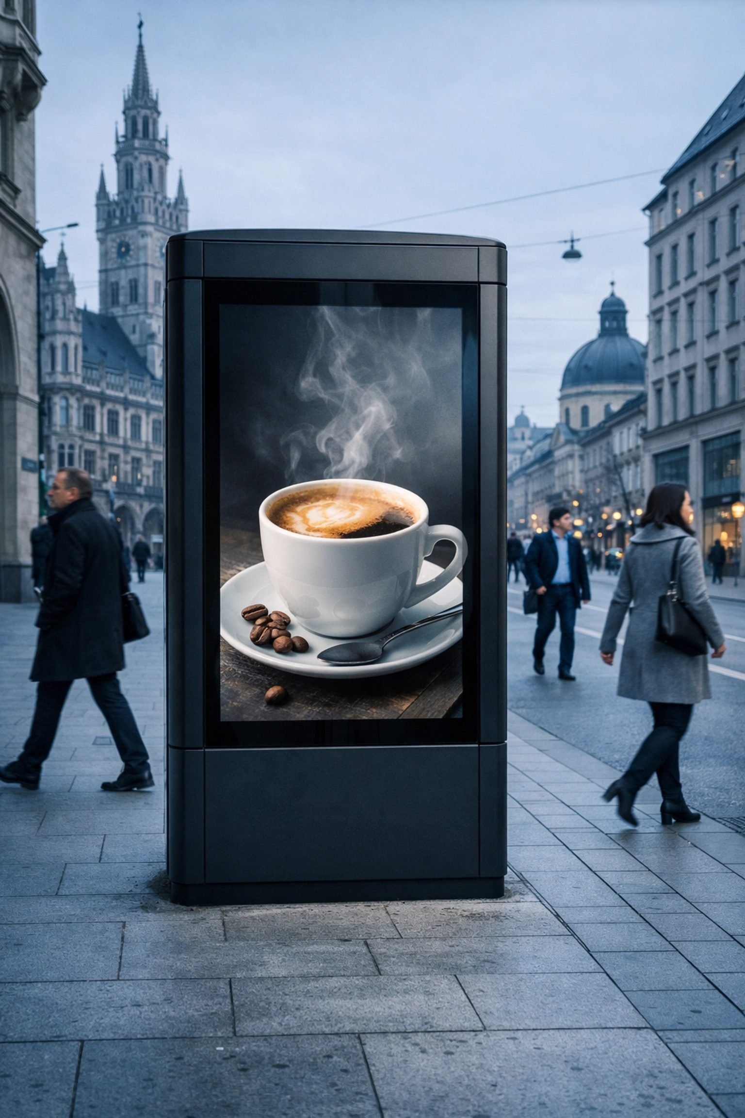 Sleek digital street kiosk displaying a coffee ad to demonstrate weather-based DOOH advertising triggers.