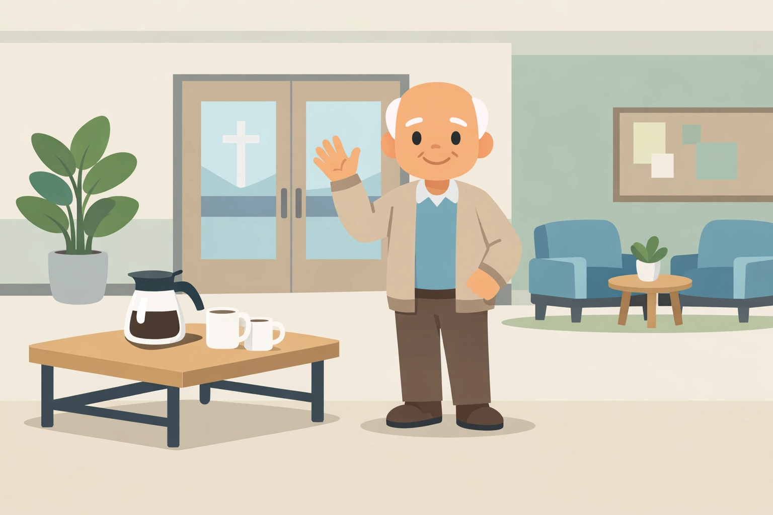 A friendly older man smiles in the church lobby as he welcomes someone with a warm wave and an easy grin.