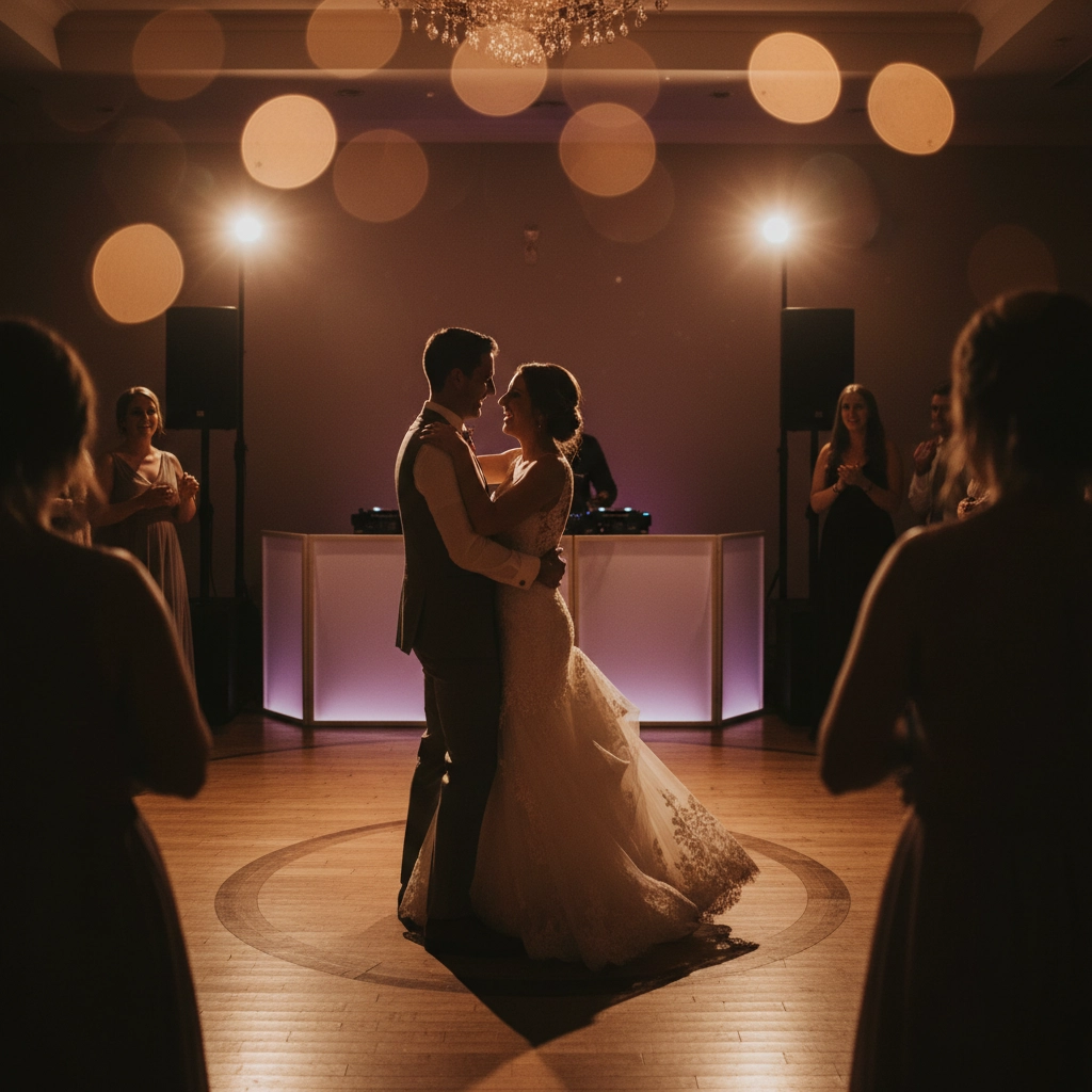 Bride and groom share a dance under warm lights in a wedding reception, surrounded by guests clapping, creating a romantic ambiance.