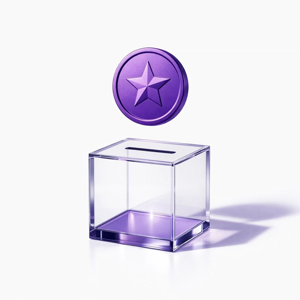 Minimalist purple coin and glass tip jar representing 2026 qualified tip reporting and Code TP compliance.