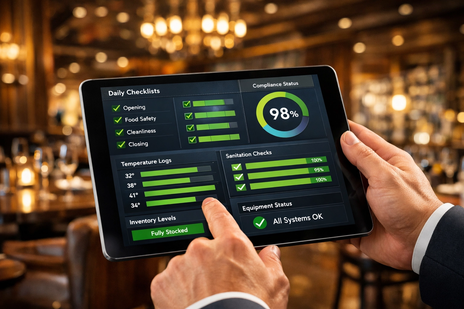 Digital restaurant management tablet displaying a dashboard for risk documentation and compliance logs.