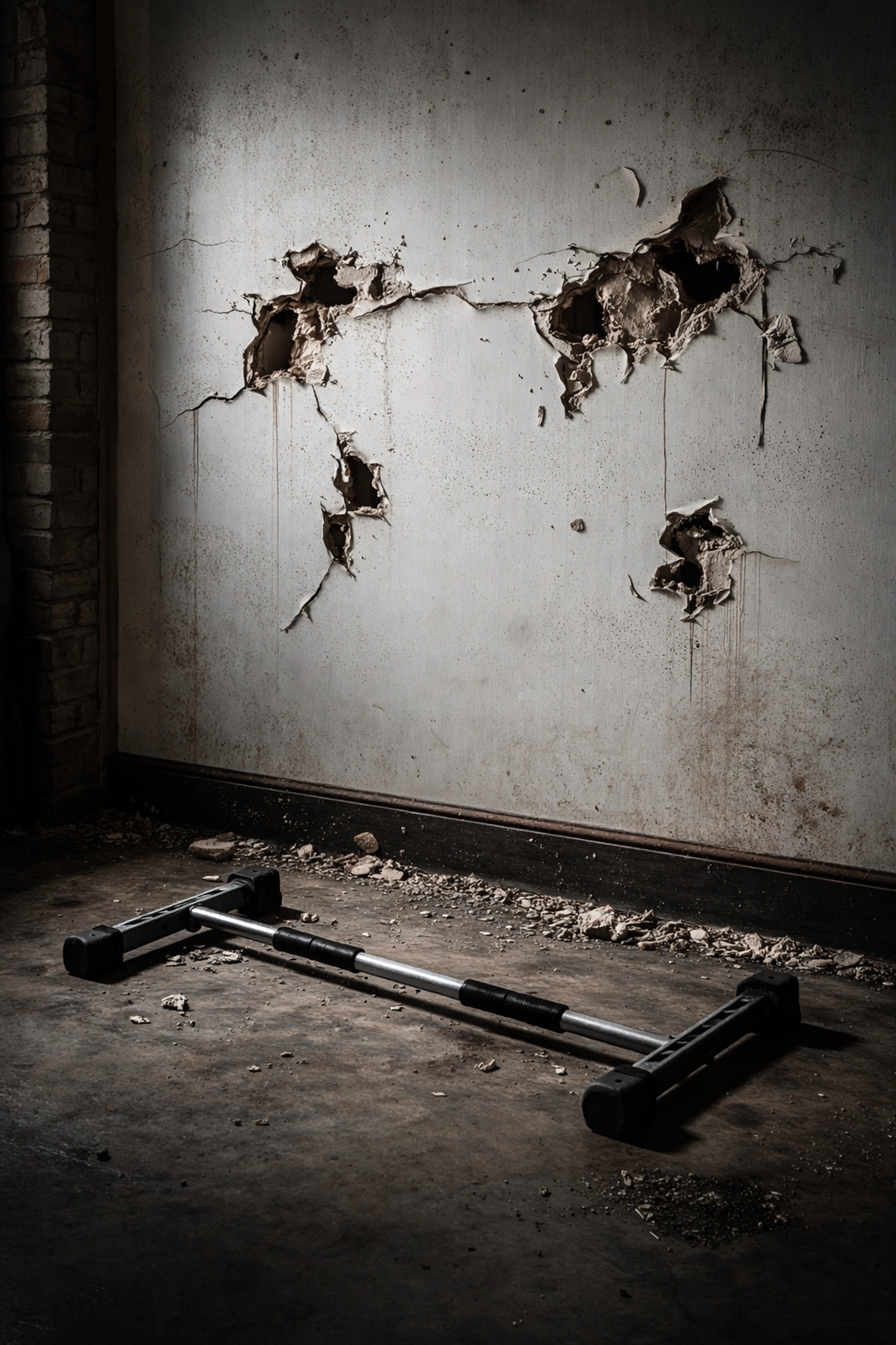 Damaged drywall with abandoned pull-up bar, illustrating home gym wall damage from traditional equipment.