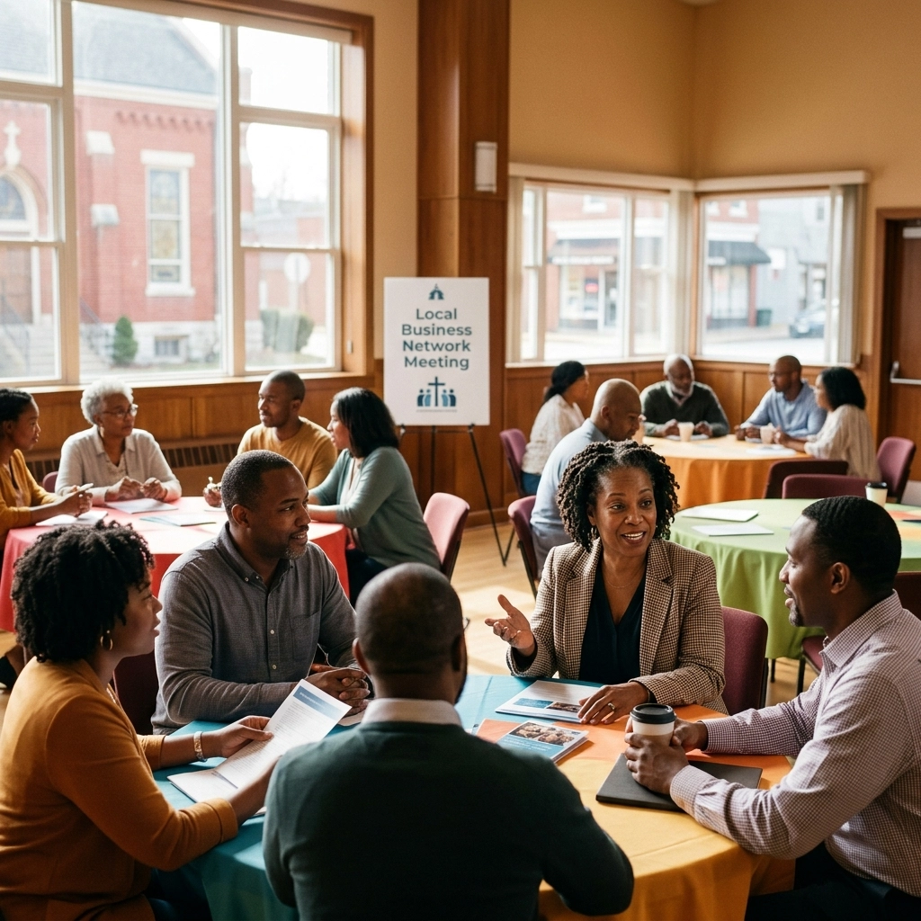[HERO] A group of church leaders and Black business owners collaborating in a local business hub, part of a church-led community development program.
