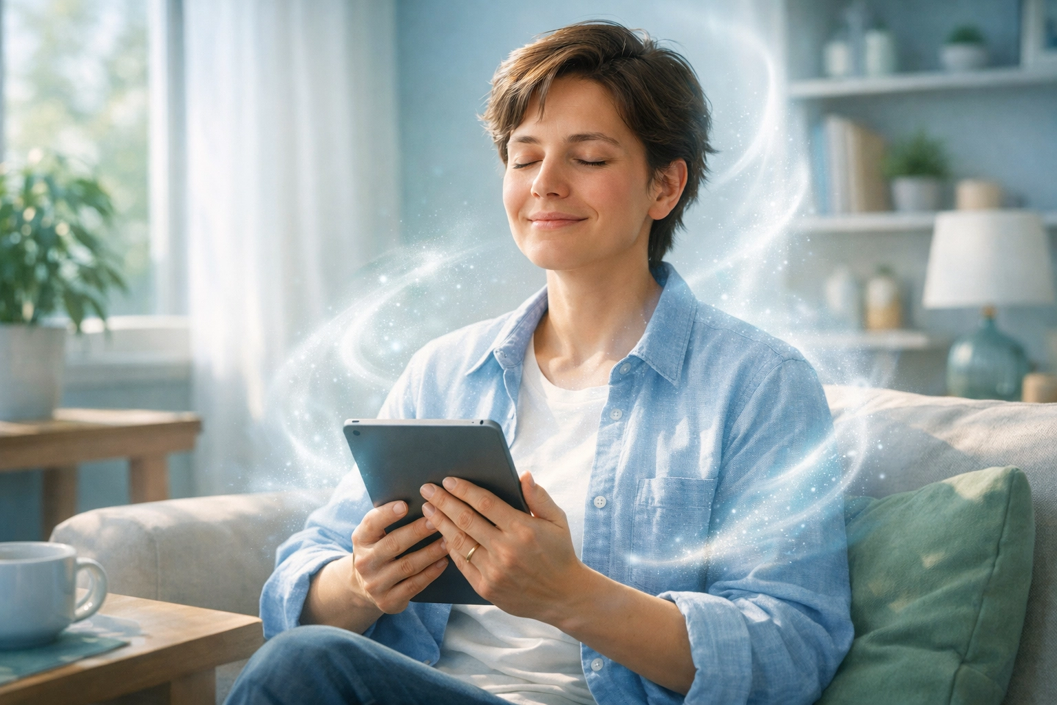Person praying over digital news on a tablet, symbolizing the Holy Spirit's guidance and discernment.