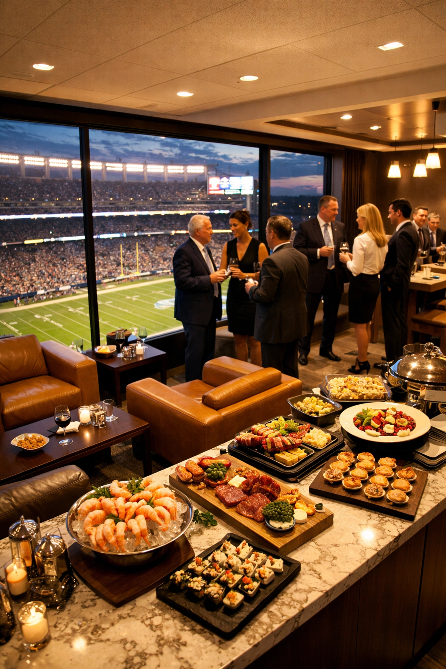 Super Bowl Corporate Travel Secrets Revealed: What Fortune 500 Companies Know About Brand Visibility Luxury VIP hospitality suite at Super Bowl with executives networking and premium catering