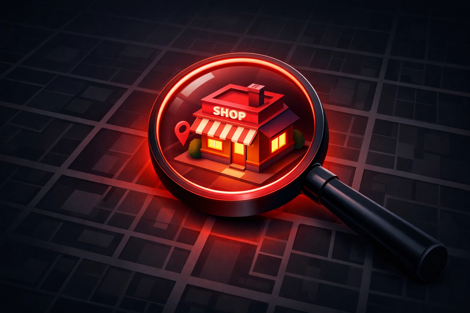 Magnifying glass finding a local trade business on a map grid for Google Search visibility.