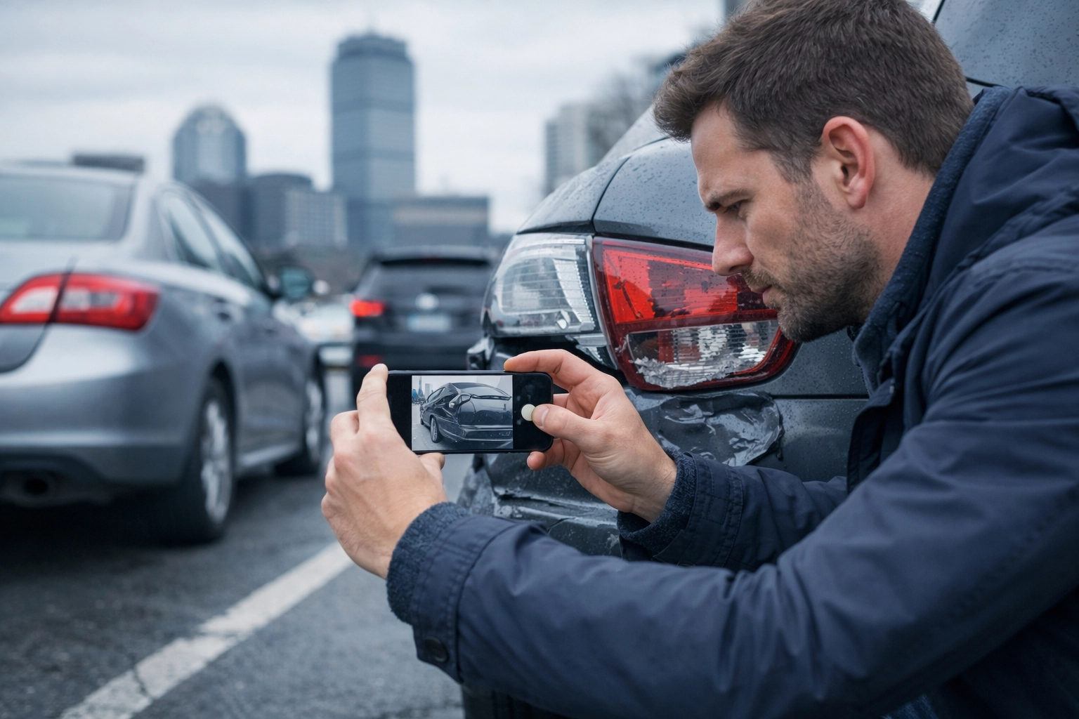 Driver documenting a crash scene in Boston for a claim involving Massachusetts auto insurance limits