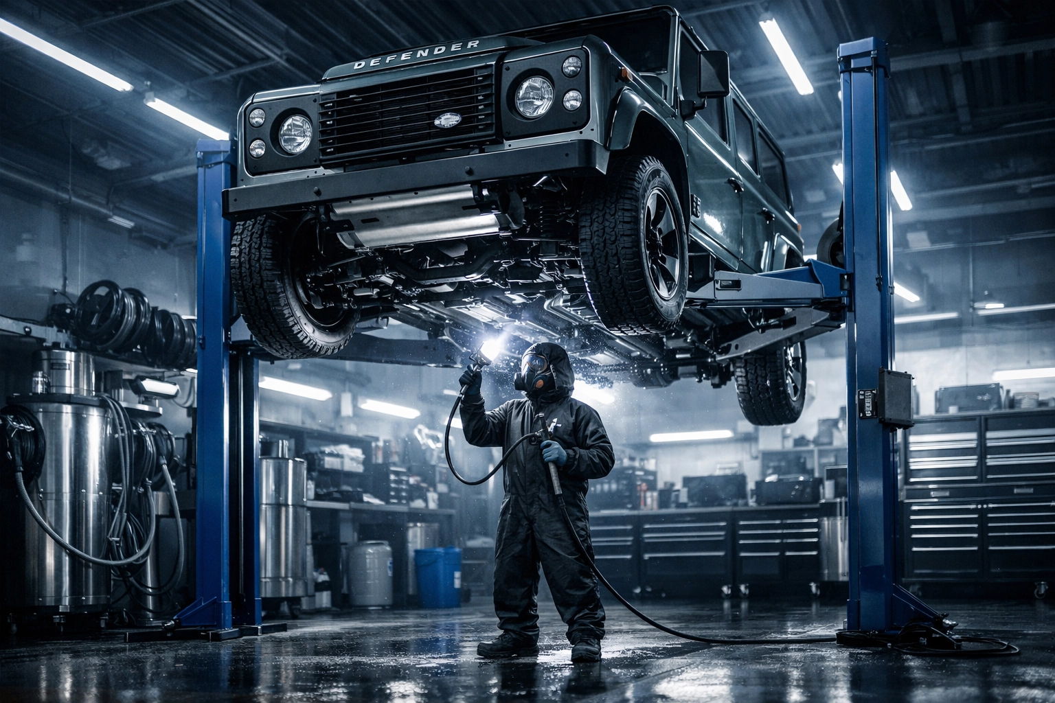 Professional rustproofing preparation on a Land Rover Defender at a specialized workshop.